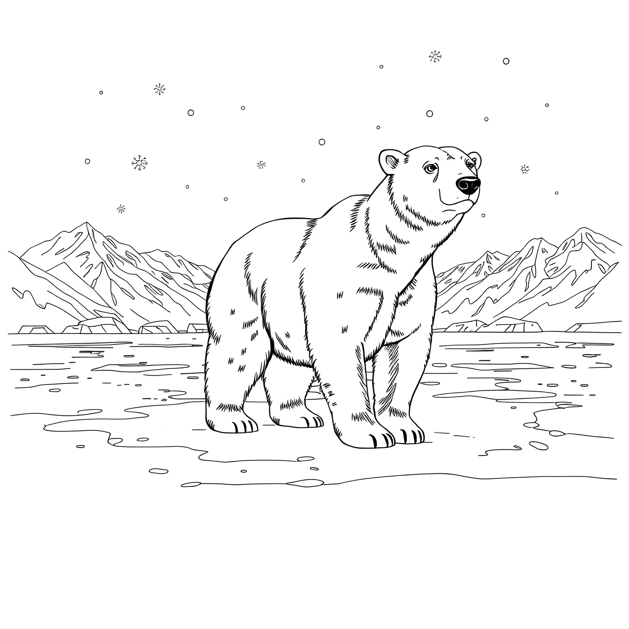 Polar Bear in Snowy Landscape Coloring Page (free black-and-white line drawing printable PDF for all, from beginners to advanced learners, including children, teens, adults, and seniors)