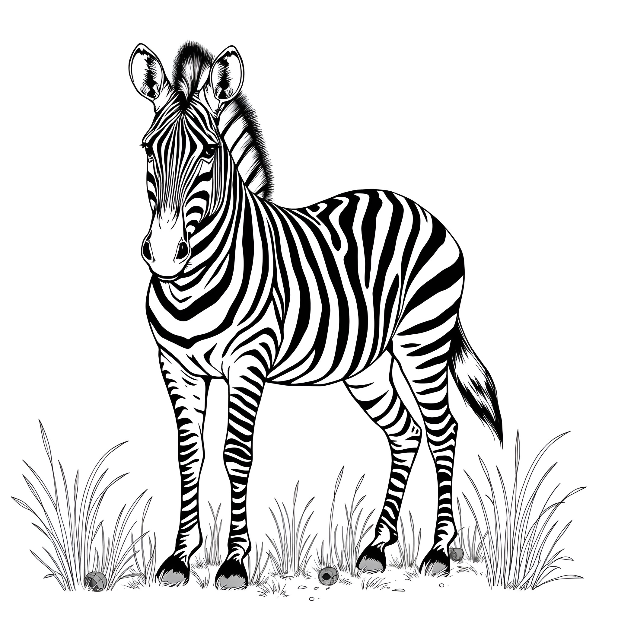 Zebra standing amid tall grass Coloring Page (free black-and-white line drawing printable PDF for all, from beginners to advanced learners, including children, teens, adults, and seniors)