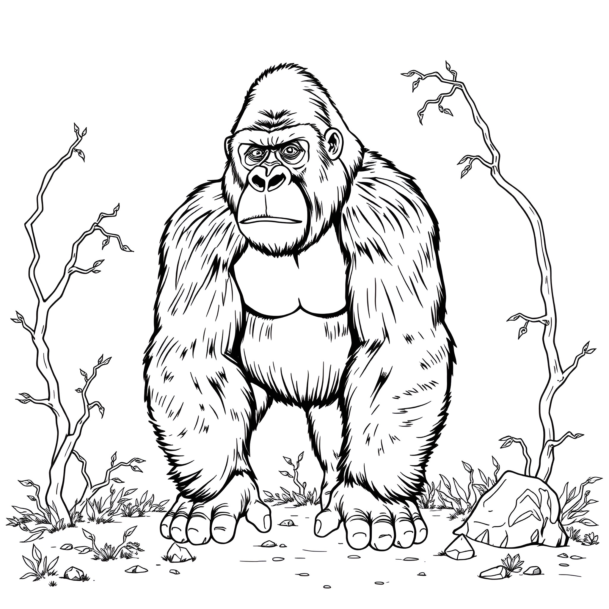 Gorilla standing tall in the forest Coloring Page (free black-and-white line drawing printable PDF for all, from beginners to advanced learners, including children, teens, adults, and seniors)