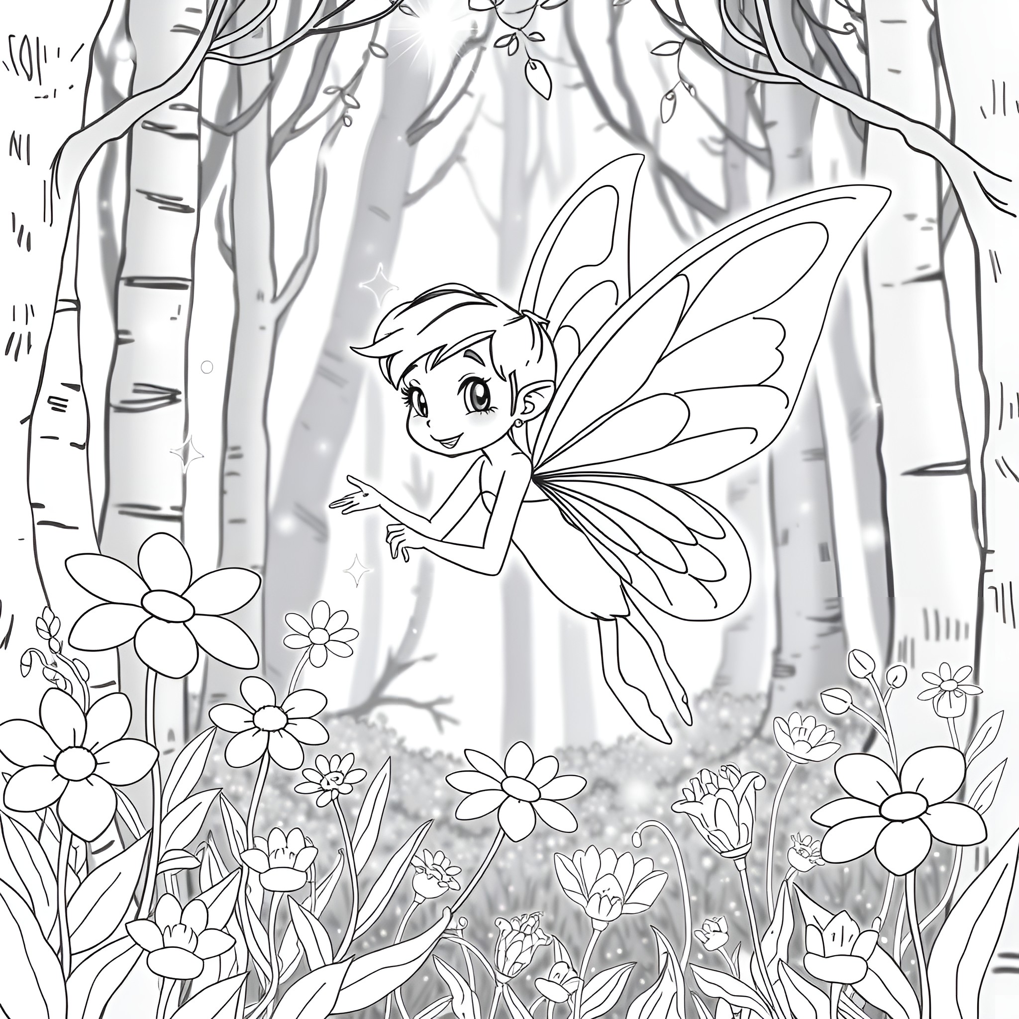 Fairy flying amidst whimsical forest scene Coloring Page (free black-and-white line drawing printable PDF for all, from beginners to advanced learners, including children, teens, adults, and seniors)