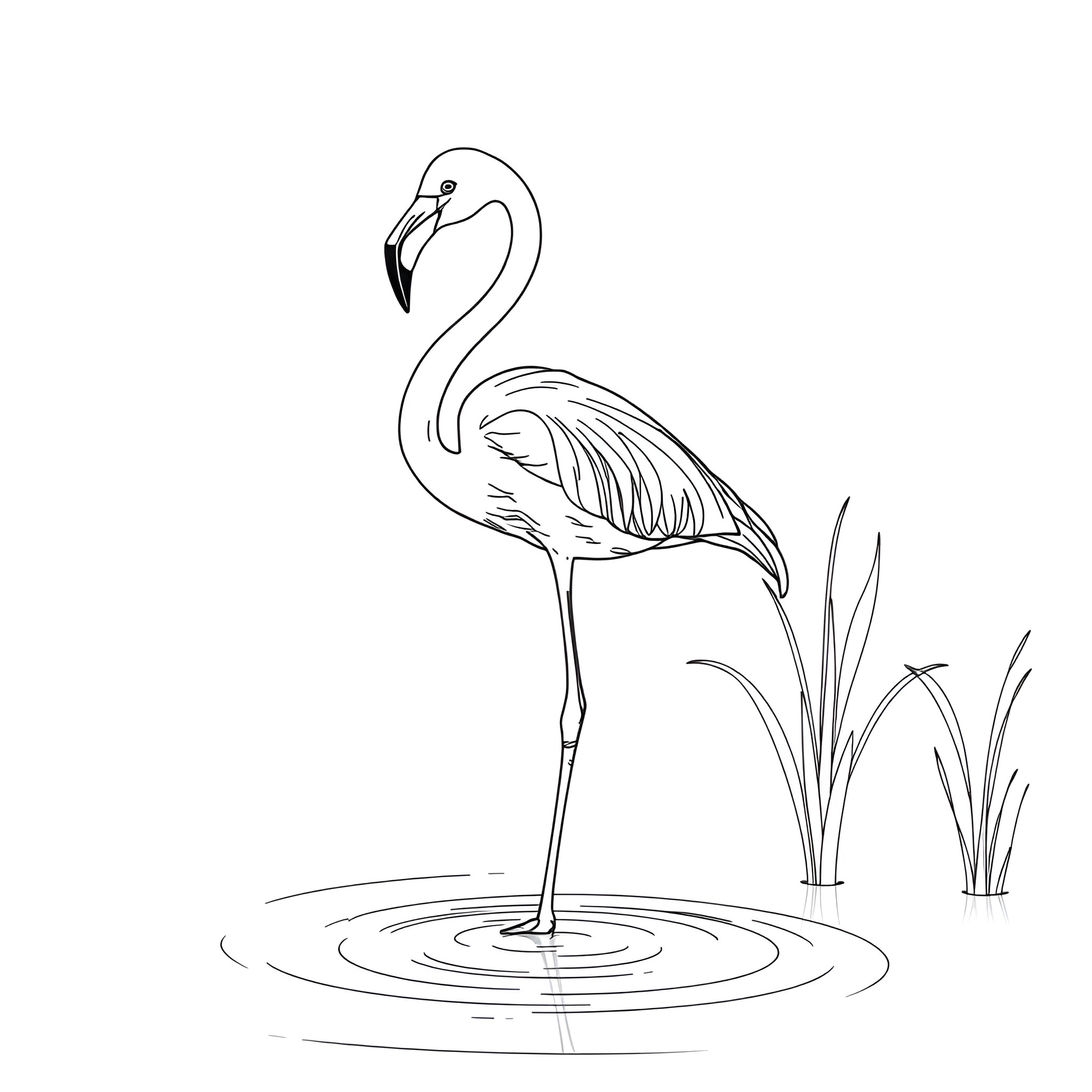 Flamingo standing elegantly in water Coloring Page (free black-and-white line drawing printable PDF for all, from beginners to advanced learners, including children, teens, adults, and seniors)