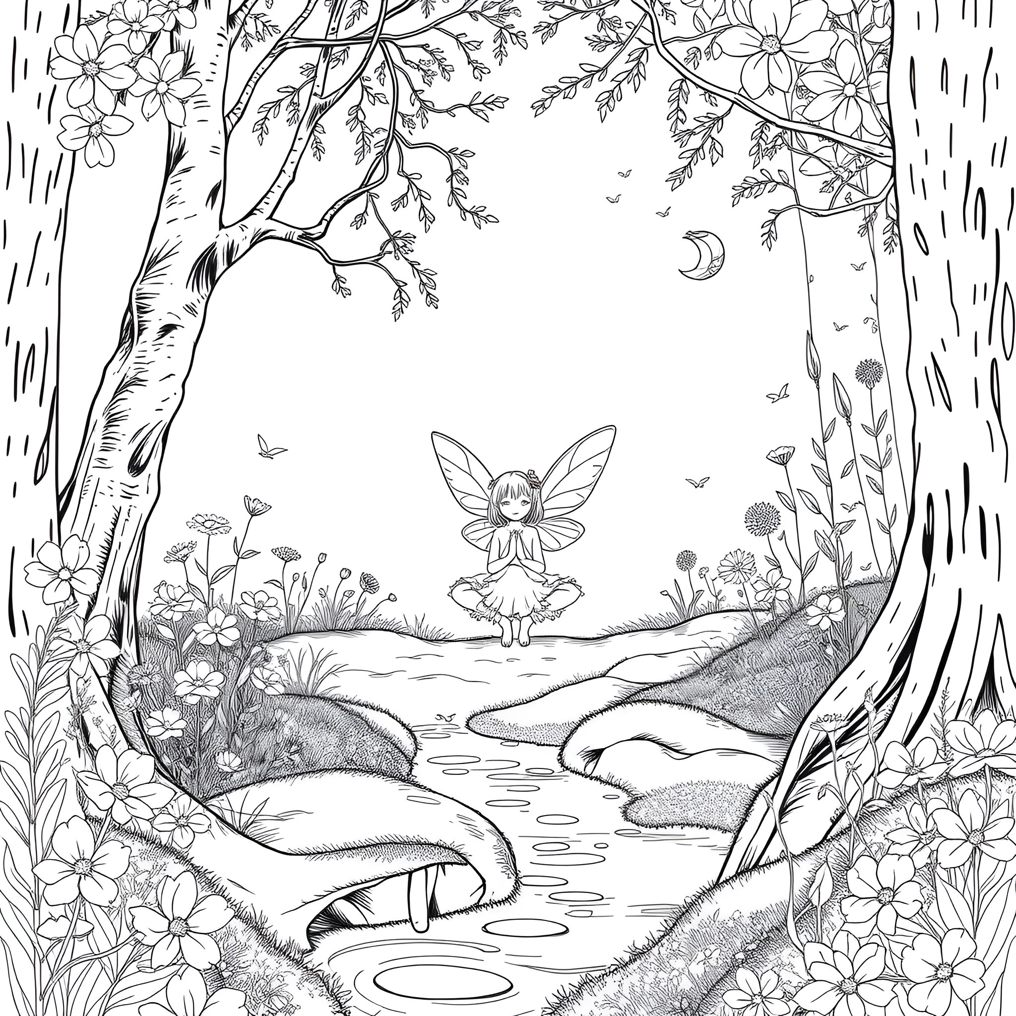 Fairy exploring a whimsical woodland scene Coloring Page (free black-and-white line drawing printable PDF for all, from beginners to advanced learners, including children, teens, adults, and seniors)