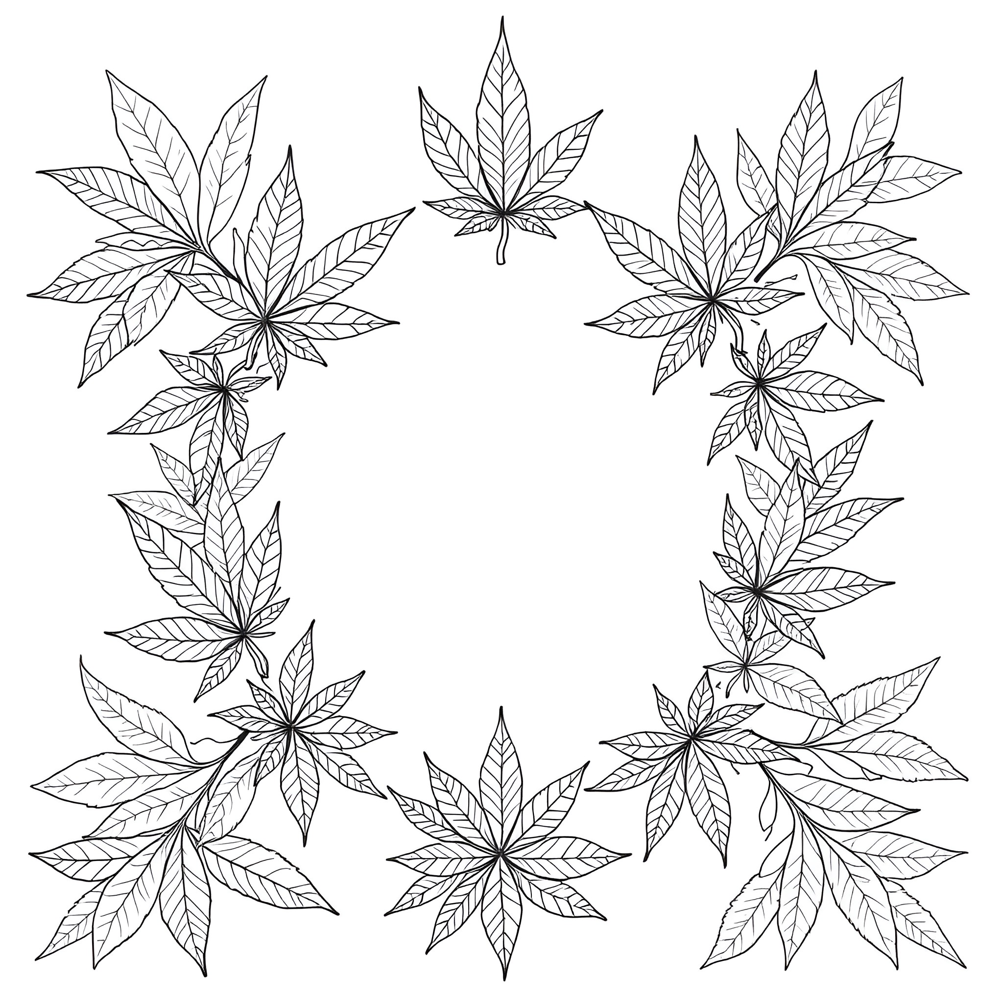 Cannabis Leaf Wreath Pattern Coloring Page (free black-and-white line drawing printable PDF for all, from beginners to advanced learners, including children, teens, adults, and seniors)