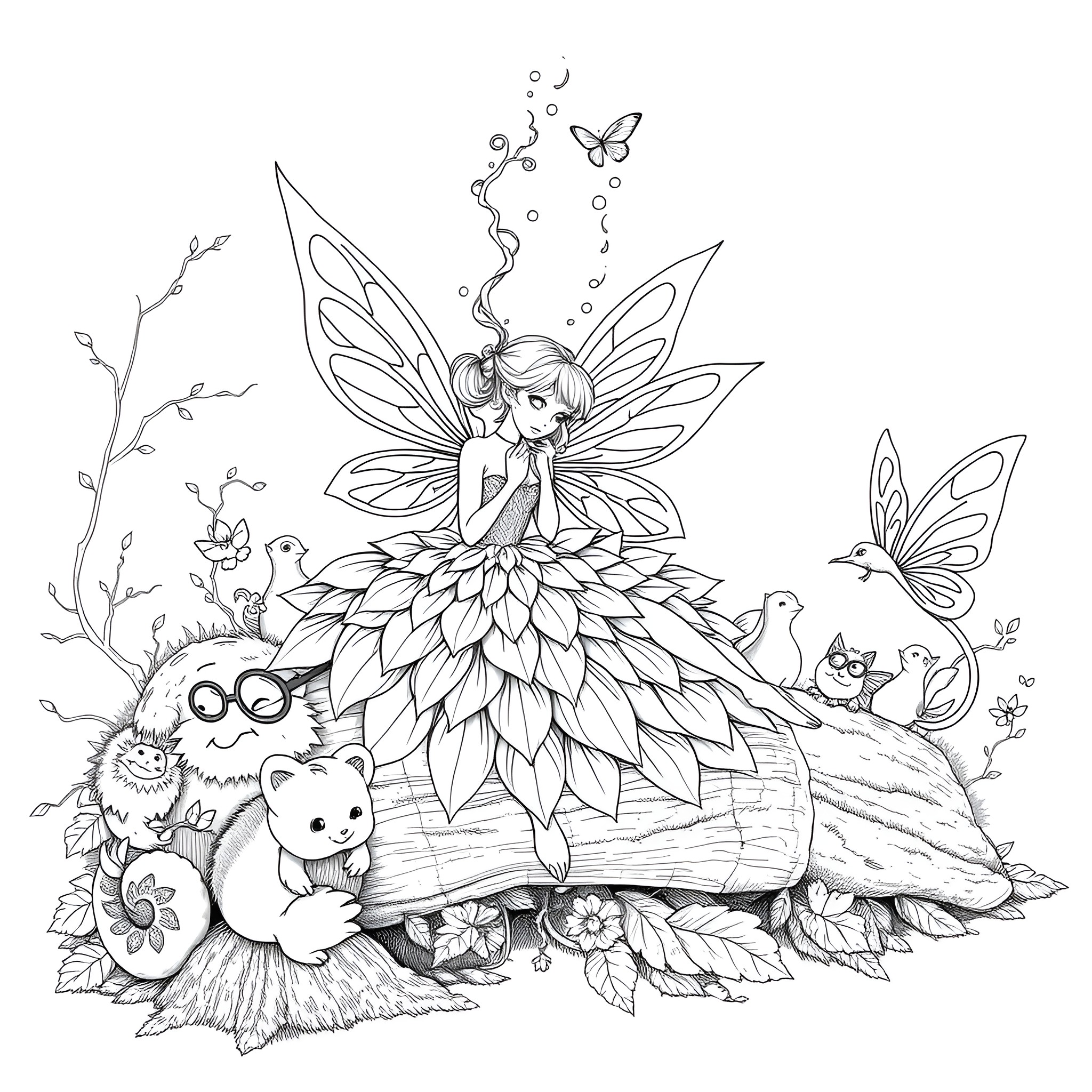 Fairy resting on a flower with animal friends Coloring Page (free black-and-white line drawing printable PDF for all, from beginners to advanced learners, including children, teens, adults, and seniors)