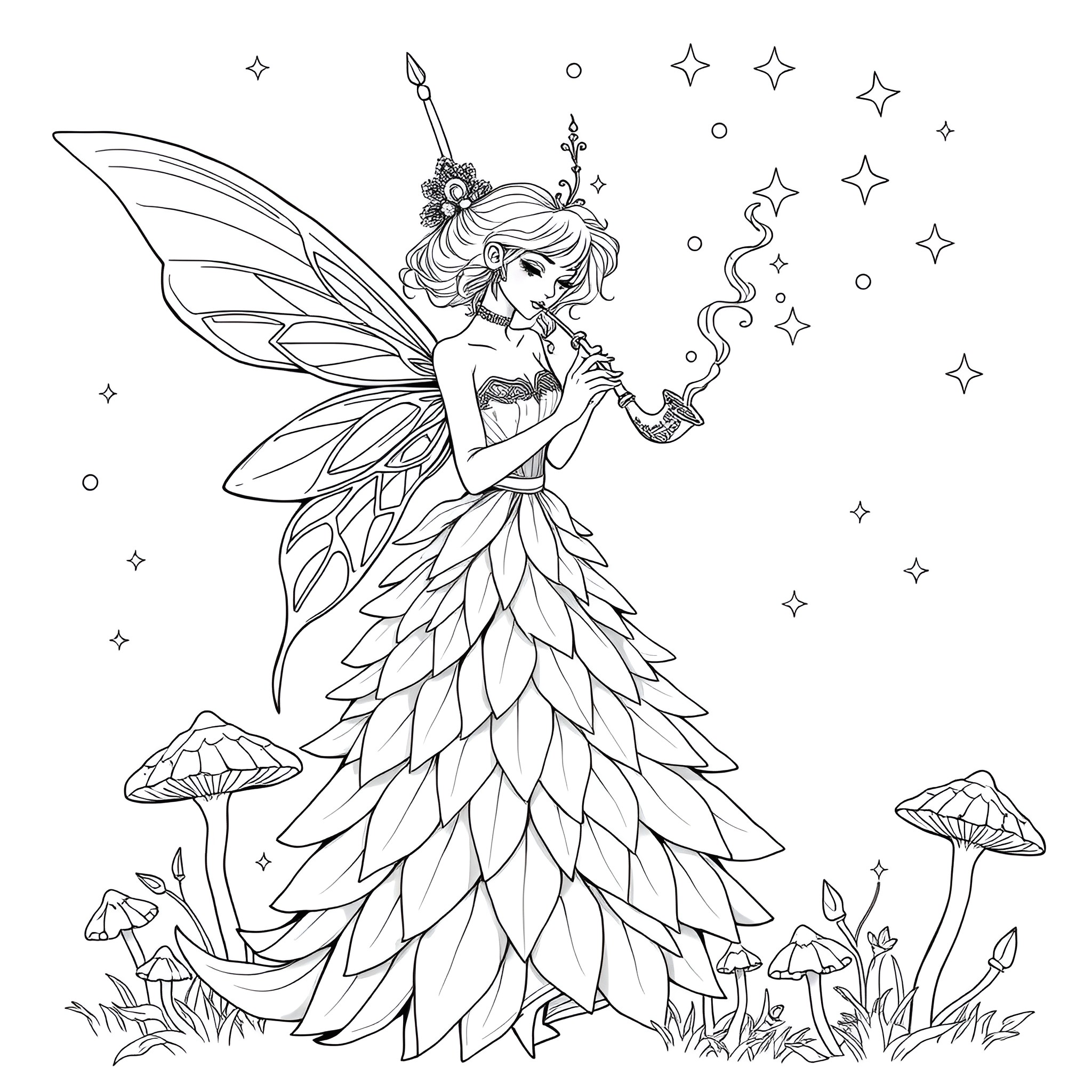 Fairy Holding Magical Wand in Enchanted Forest Coloring Page (free black-and-white line drawing printable PDF for all, from beginners to advanced learners, including children, teens, adults, and seniors)