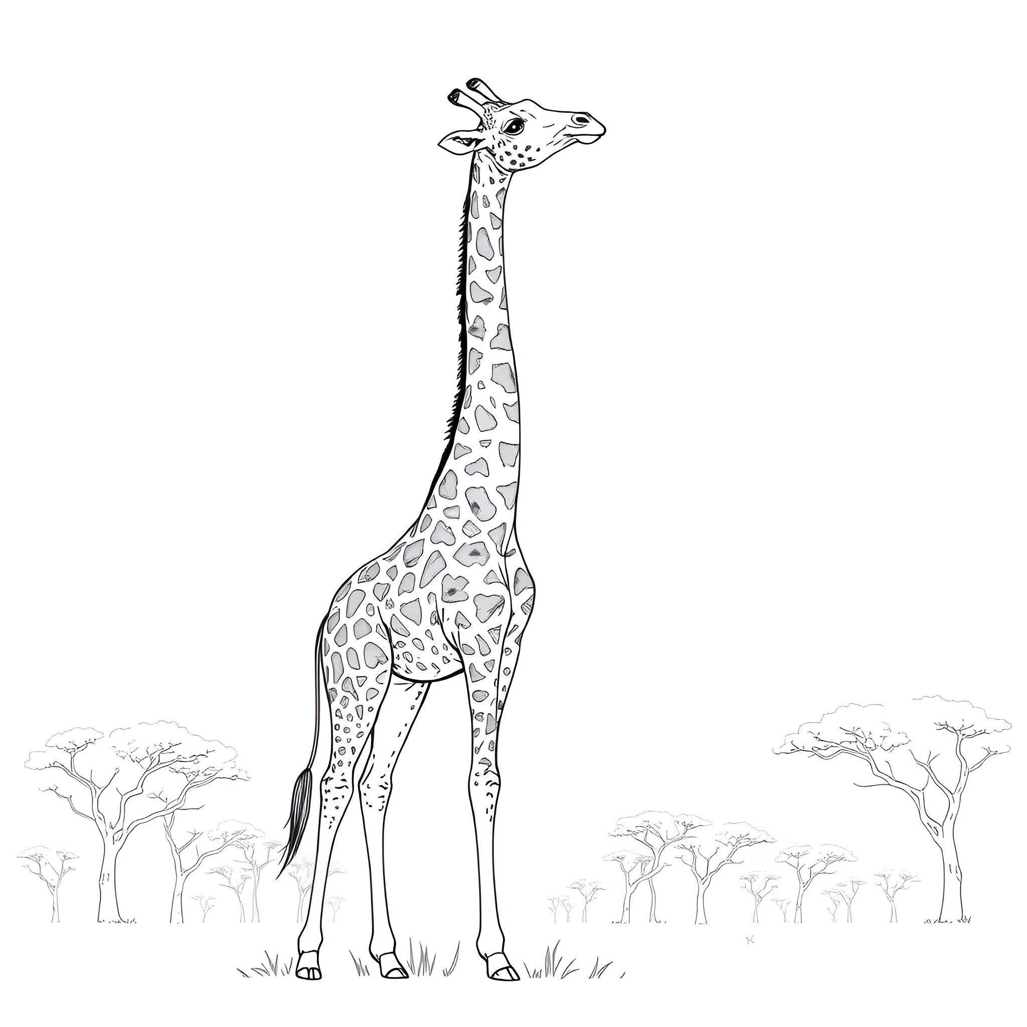 Giraffe standing tall in the African savanna Coloring Page (free black-and-white line drawing printable PDF for all, from beginners to advanced learners, including children, teens, adults, and seniors)
