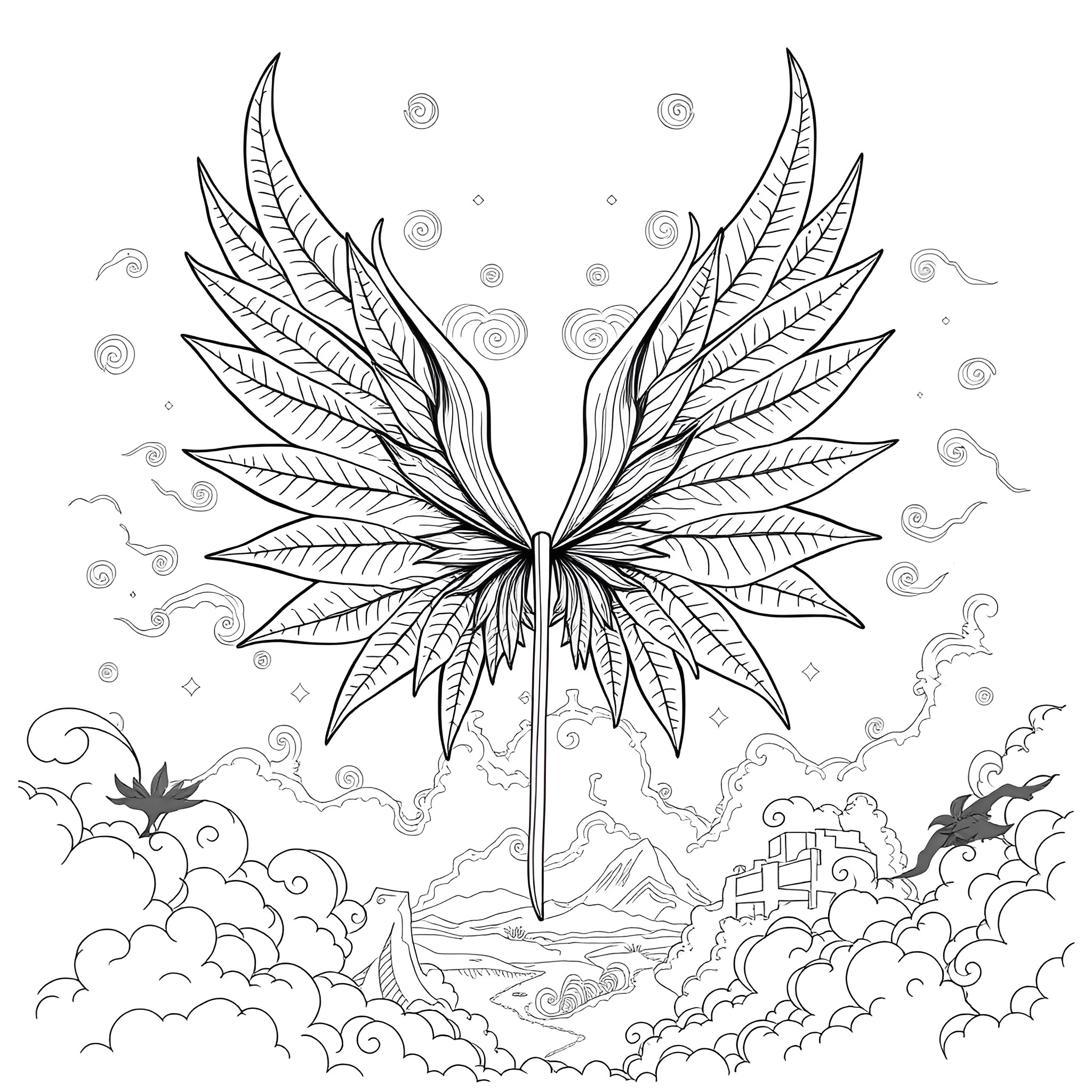 Cannabis Leaf Ornate Artwork with Ethereal Landscape Coloring Page (free black-and-white line drawing printable PDF for all, from beginners to advanced learners, including children, teens, adults, and seniors)