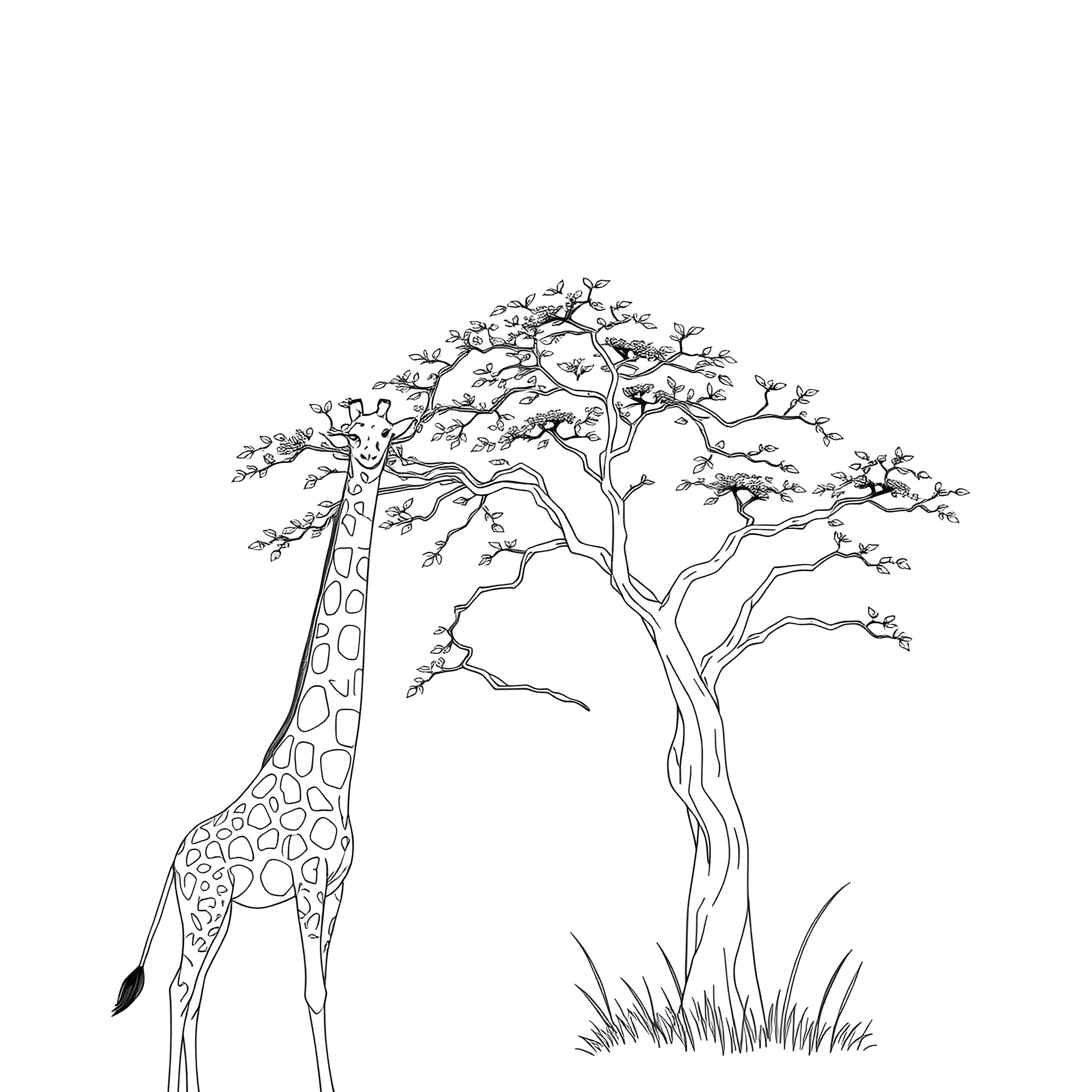 Giraffe observing the twisted tree in the savanna Coloring Page (free black-and-white line drawing printable PDF for all, from beginners to advanced learners, including children, teens, adults, and seniors)