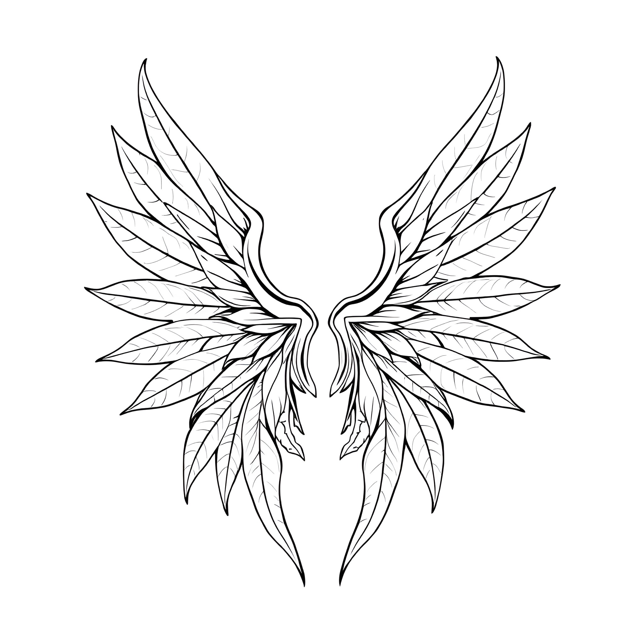 Cannabis Leaf Forming Artistic Wings Coloring Page (free black-and-white line drawing printable PDF for all, from beginners to advanced learners, including children, teens, adults, and seniors)