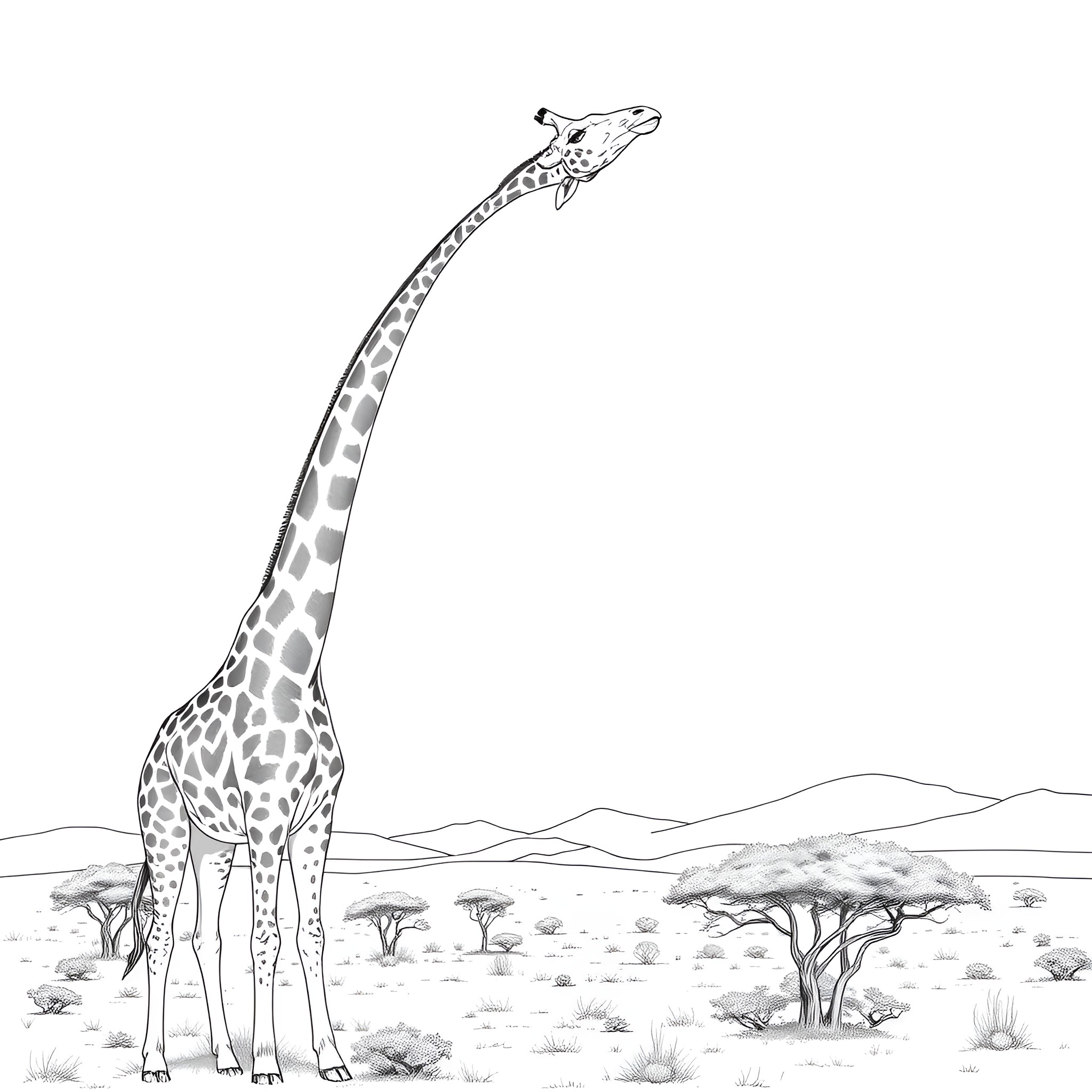 Giraffe standing tall in the African savanna Coloring Page (free black-and-white line drawing printable PDF for all, from beginners to advanced learners, including children, teens, adults, and seniors)
