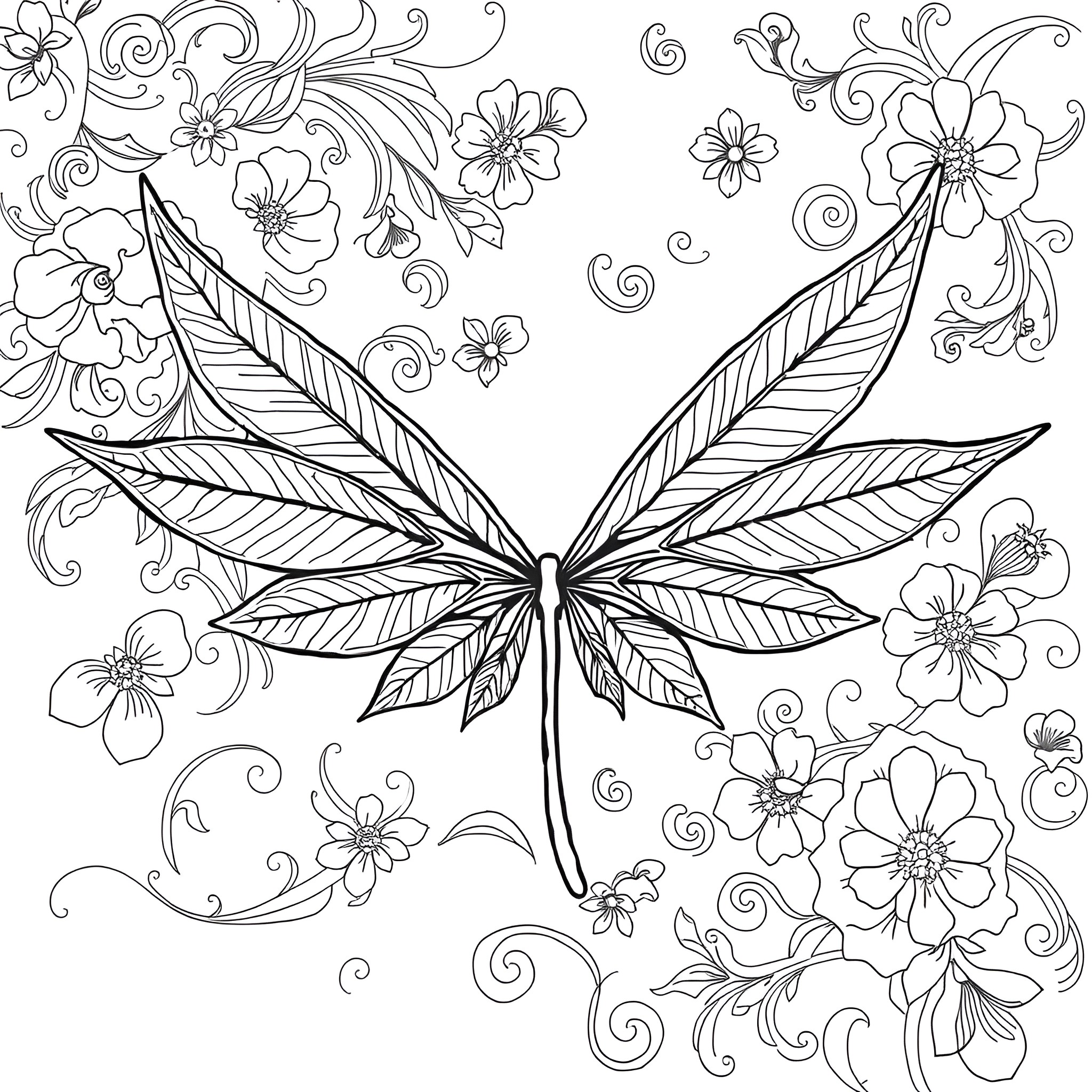 Cannabis Leaf in a Floral Illustration Coloring Page (free black-and-white line drawing printable PDF for all, from beginners to advanced learners, including children, teens, adults, and seniors)