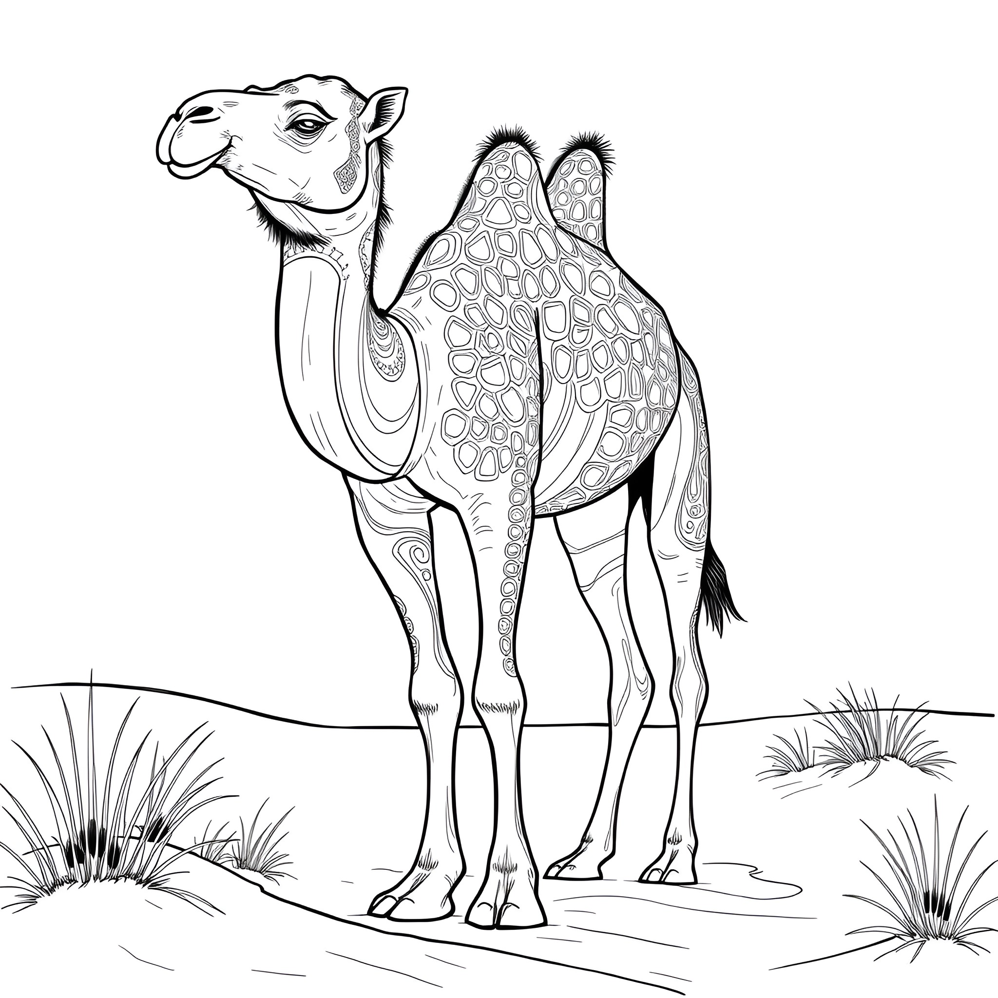 Camel standing in the desert Coloring Page (free black-and-white line drawing printable PDF for all, from beginners to advanced learners, including children, teens, adults, and seniors)