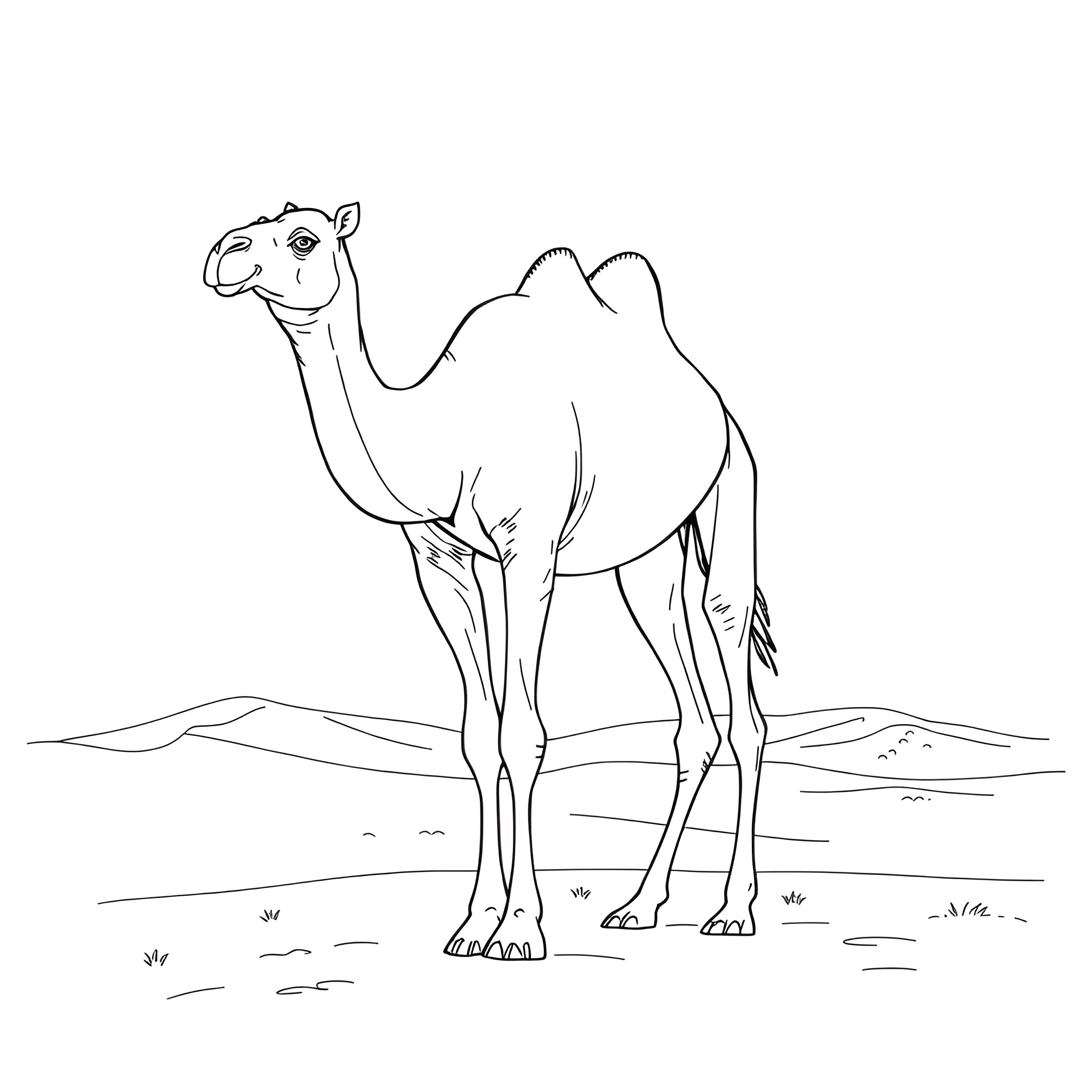 Camel standing proudly in the desert landscape Coloring Page (free black-and-white line drawing printable PDF for all, from beginners to advanced learners, including children, teens, adults, and seniors)