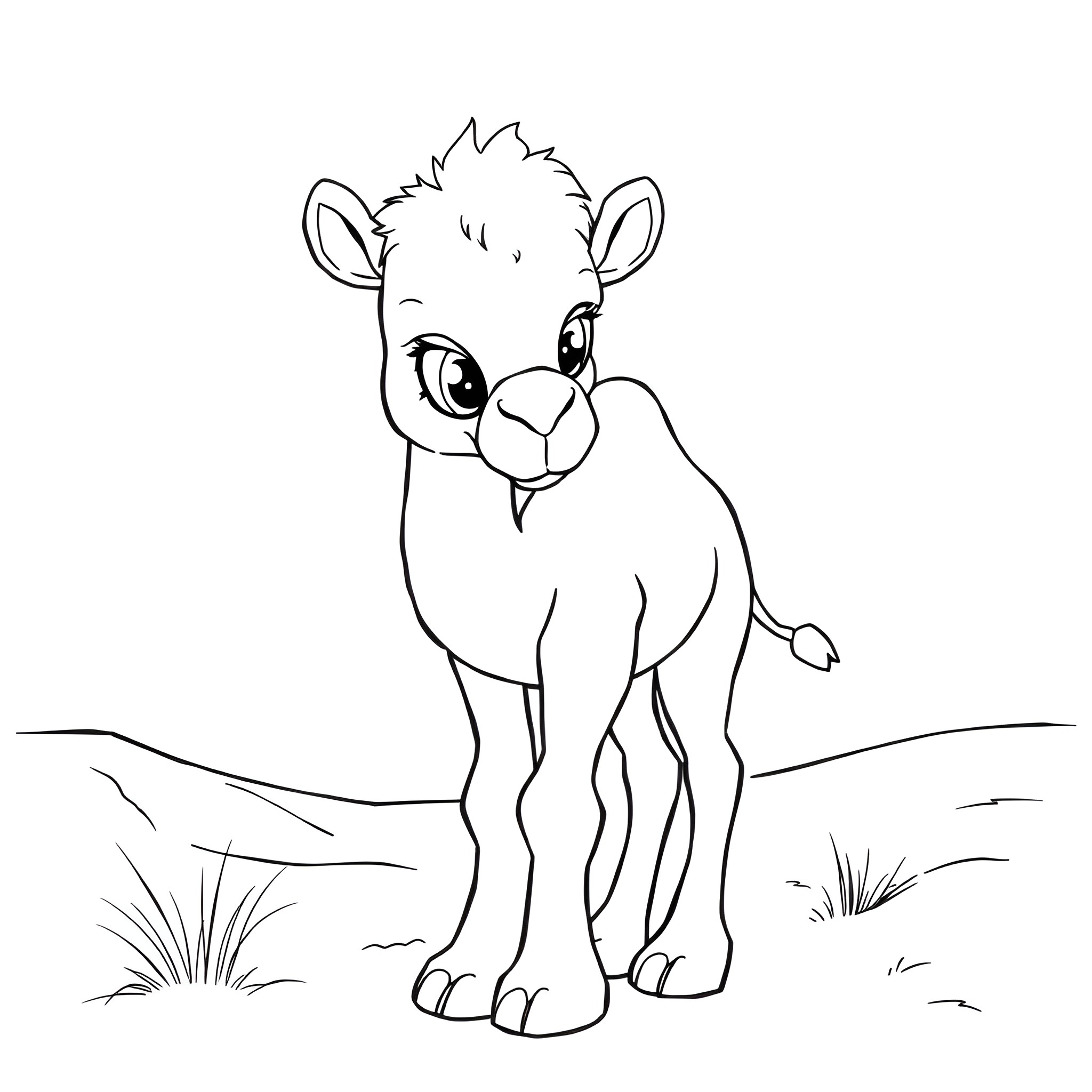Camel calf in the desert Coloring Page (free black-and-white line drawing printable PDF for all, from beginners to advanced learners, including children, teens, adults, and seniors)
