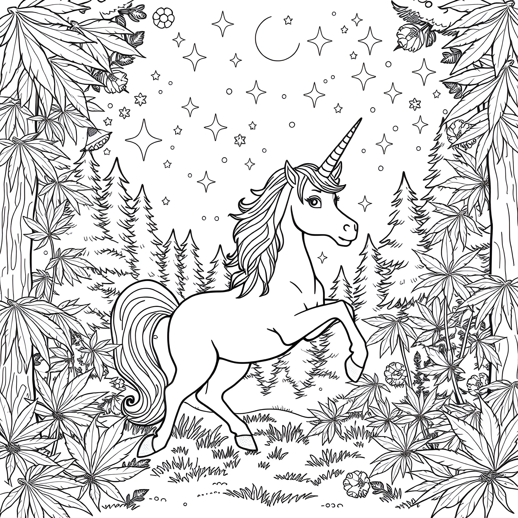 Cannabis Unicorn in a Mystical Forest Coloring Page (free black-and-white line drawing printable PDF for all, from beginners to advanced learners, including children, teens, adults, and seniors)