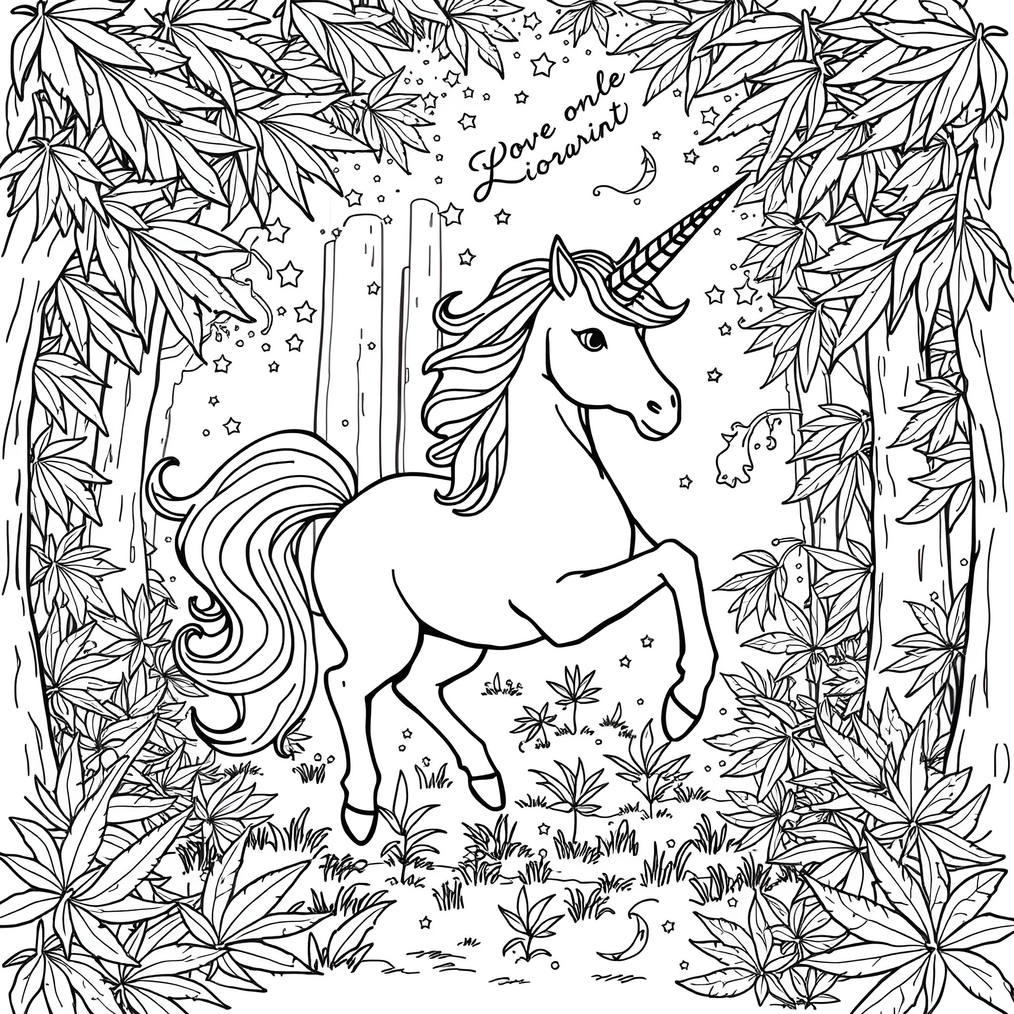 Cannabis Unicorn Prancing Through a Magical Forest Coloring Page (free black-and-white line drawing printable PDF for all, from beginners to advanced learners, including children, teens, adults, and seniors)
