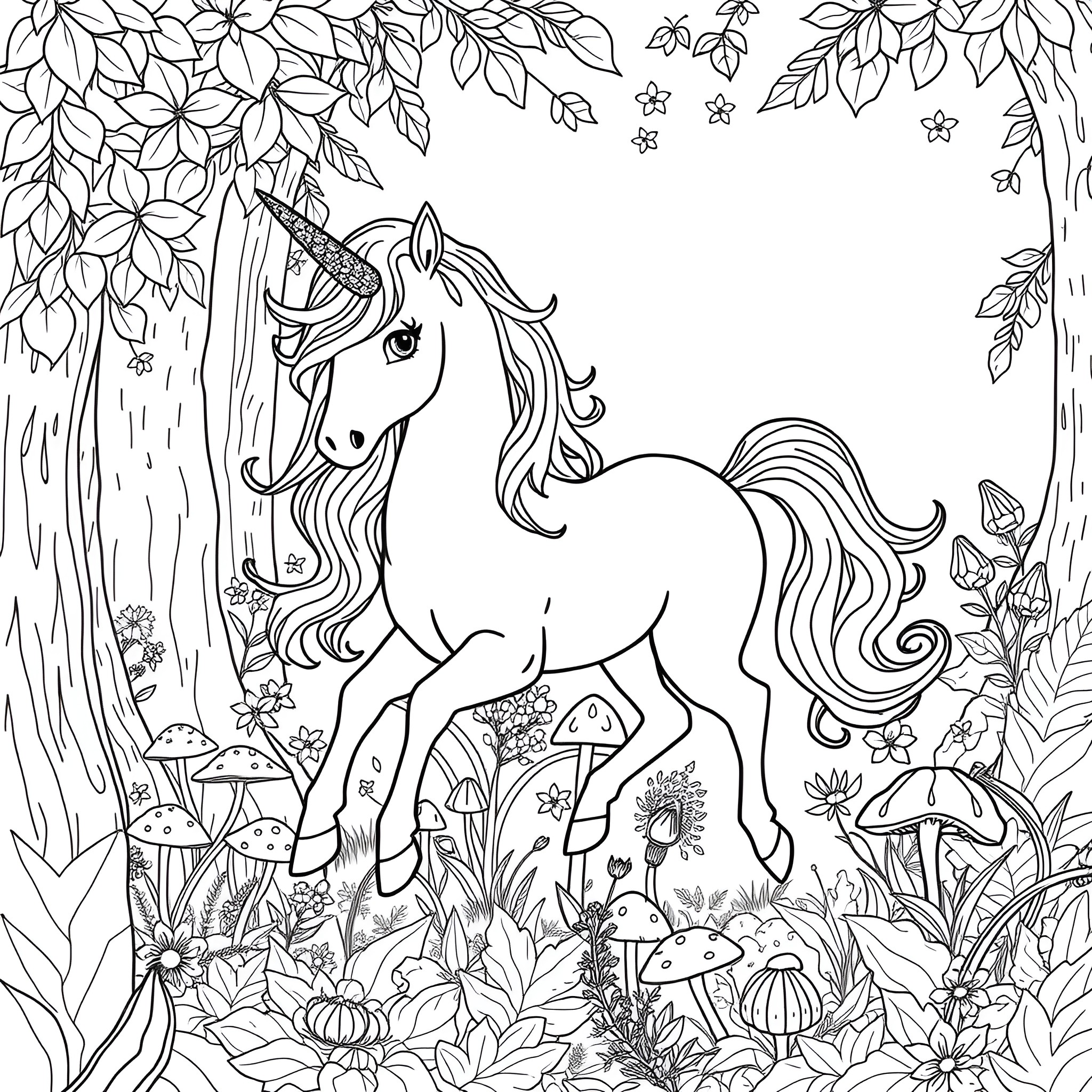 Cannabis Unicorn Frolicking in a Whimsical Forest Coloring Page (free black-and-white line drawing printable PDF for all, from beginners to advanced learners, including children, teens, adults, and seniors)