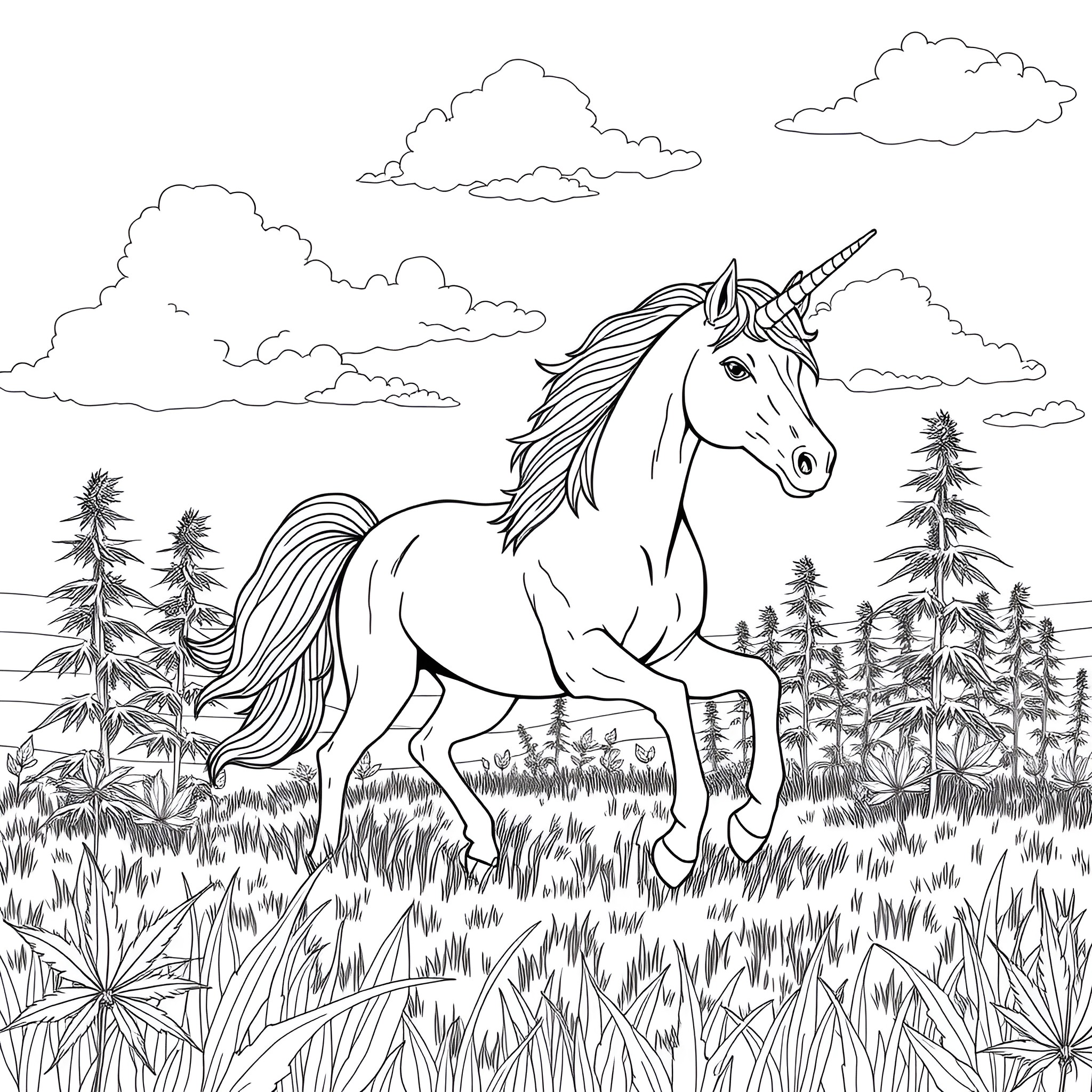 Unicorn Roaming in the Enchanted Forest Coloring Page (free black-and-white line drawing printable PDF for all, from beginners to advanced learners, including children, teens, adults, and seniors)