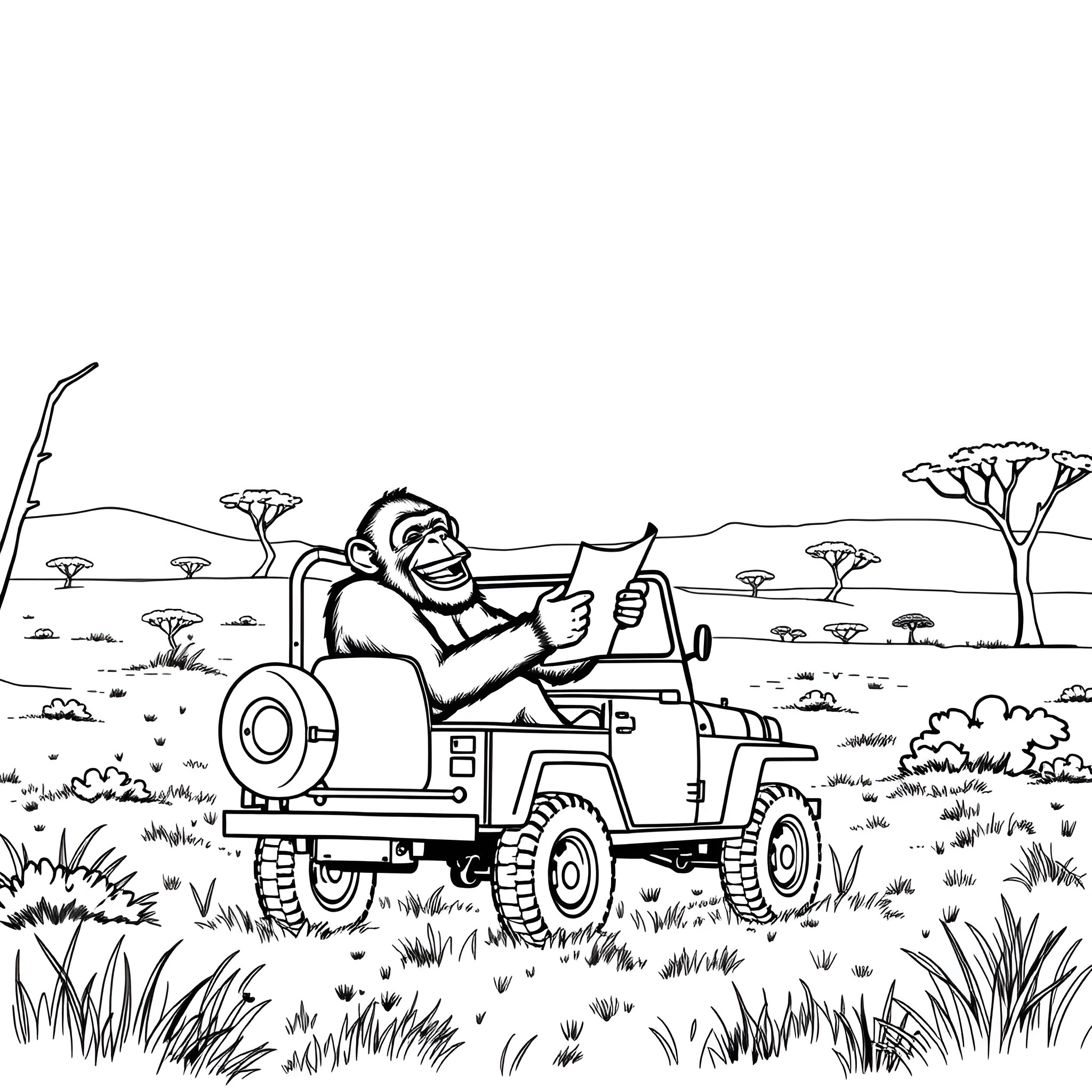 Chimpanzee driving jeep through the wilderness Coloring Page (free black-and-white line drawing printable PDF for all, from beginners to advanced learners, including children, teens, adults, and seniors)