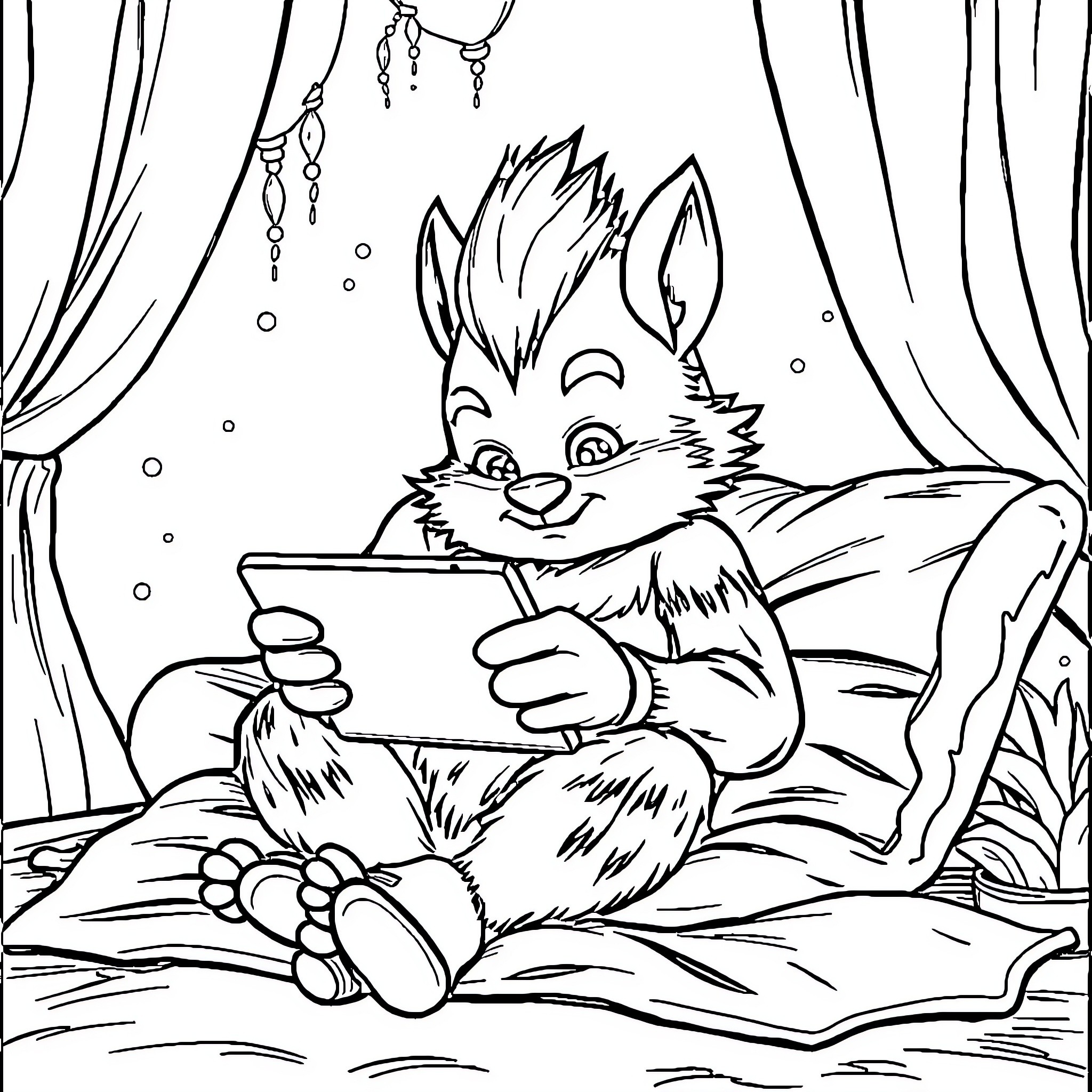 Sprunki Oren playing with device underwater Coloring Page (free black-and-white line drawing printable PDF for all, from beginners to advanced learners, including children, teens, adults, and seniors)