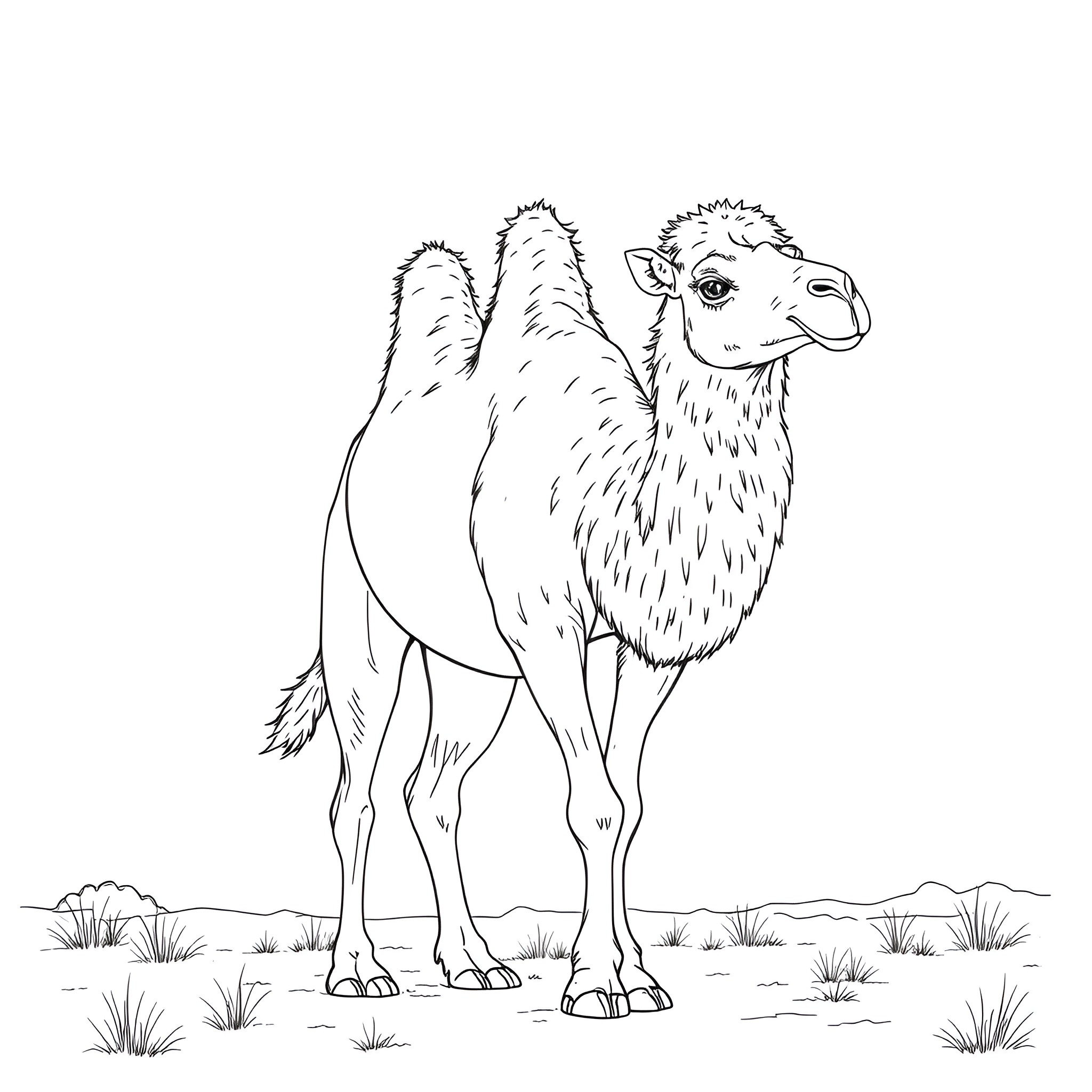 Camel standing alone in desert landscape Coloring Page (free black-and-white line drawing printable PDF for all, from beginners to advanced learners, including children, teens, adults, and seniors)