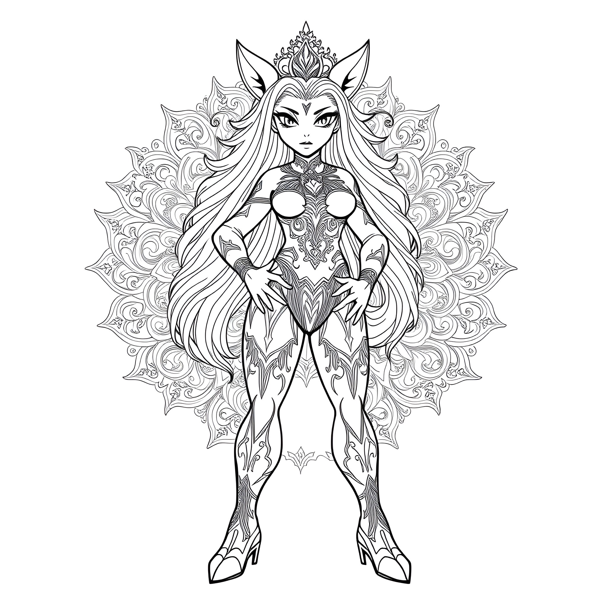 Mara, the Enchanting Warrior Princess Coloring Page (free black-and-white line drawing printable PDF for all, from beginners to advanced learners, including children, teens, adults, and seniors)