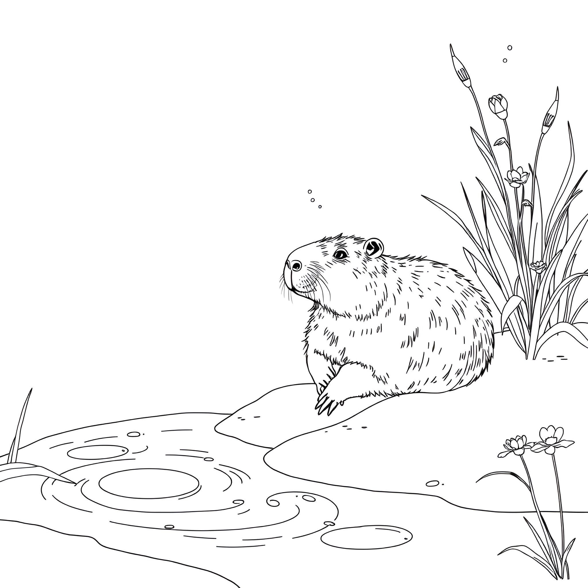 Capybara exploring a serene pond with reeds Coloring Page (free black-and-white line drawing printable PDF for all, from beginners to advanced learners, including children, teens, adults, and seniors)