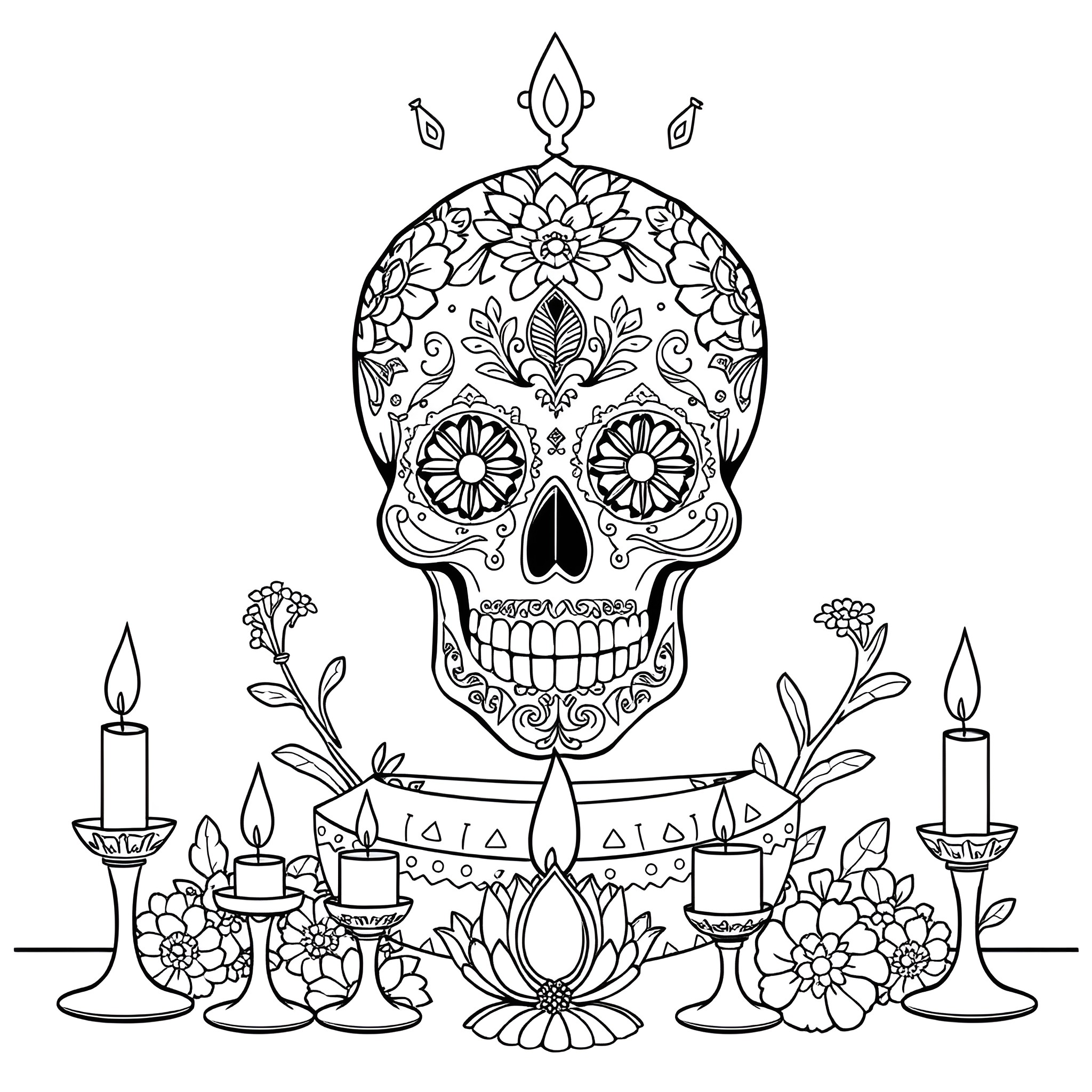 Sugar Skull Adorned with Floral Patterns and Candles Coloring Page (free black-and-white line drawing printable PDF for all, from beginners to advanced learners, including children, teens, adults, and seniors)