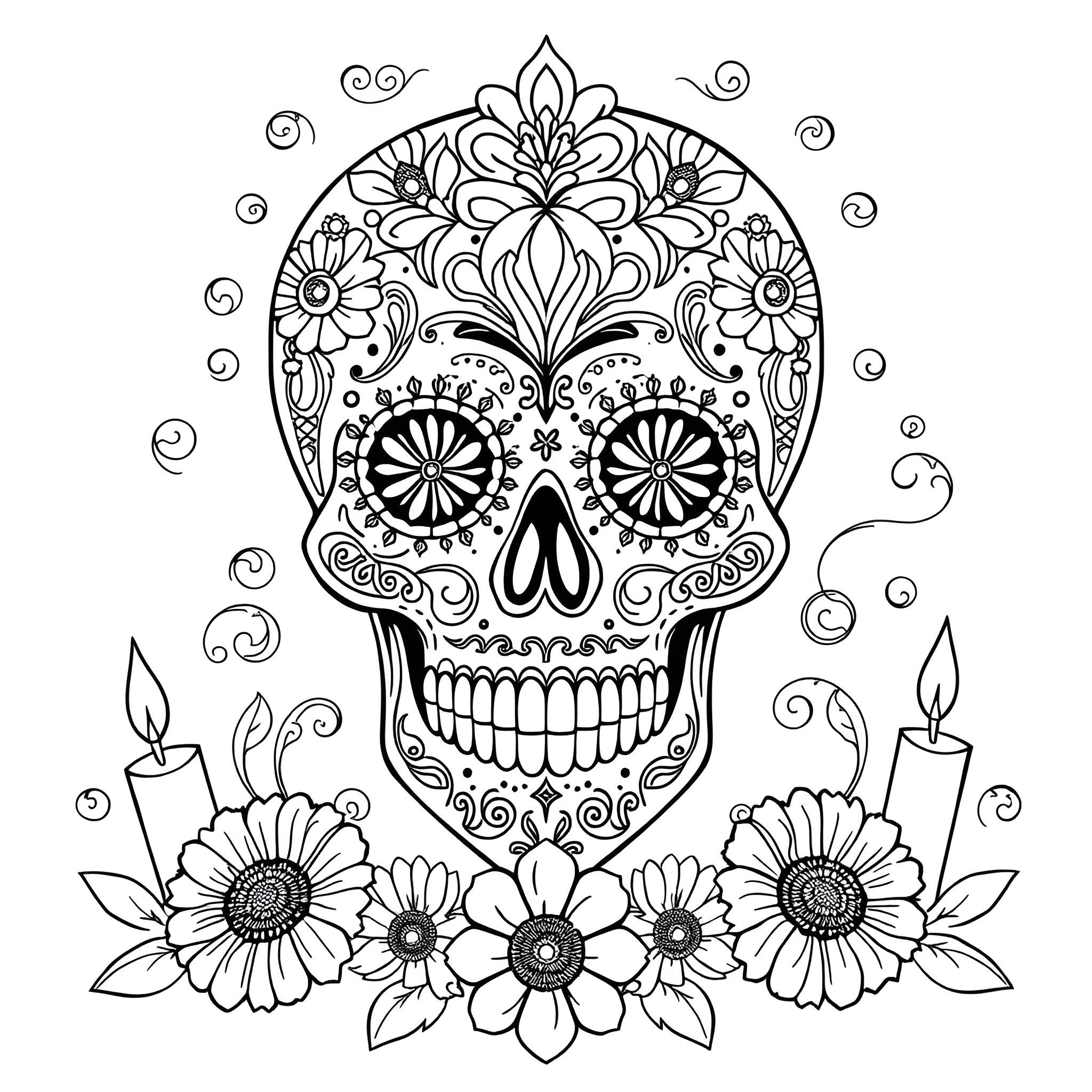 Sugar Skull with Floral Embellishments and Candles Coloring Page (free black-and-white line drawing printable PDF for all, from beginners to advanced learners, including children, teens, adults, and seniors)