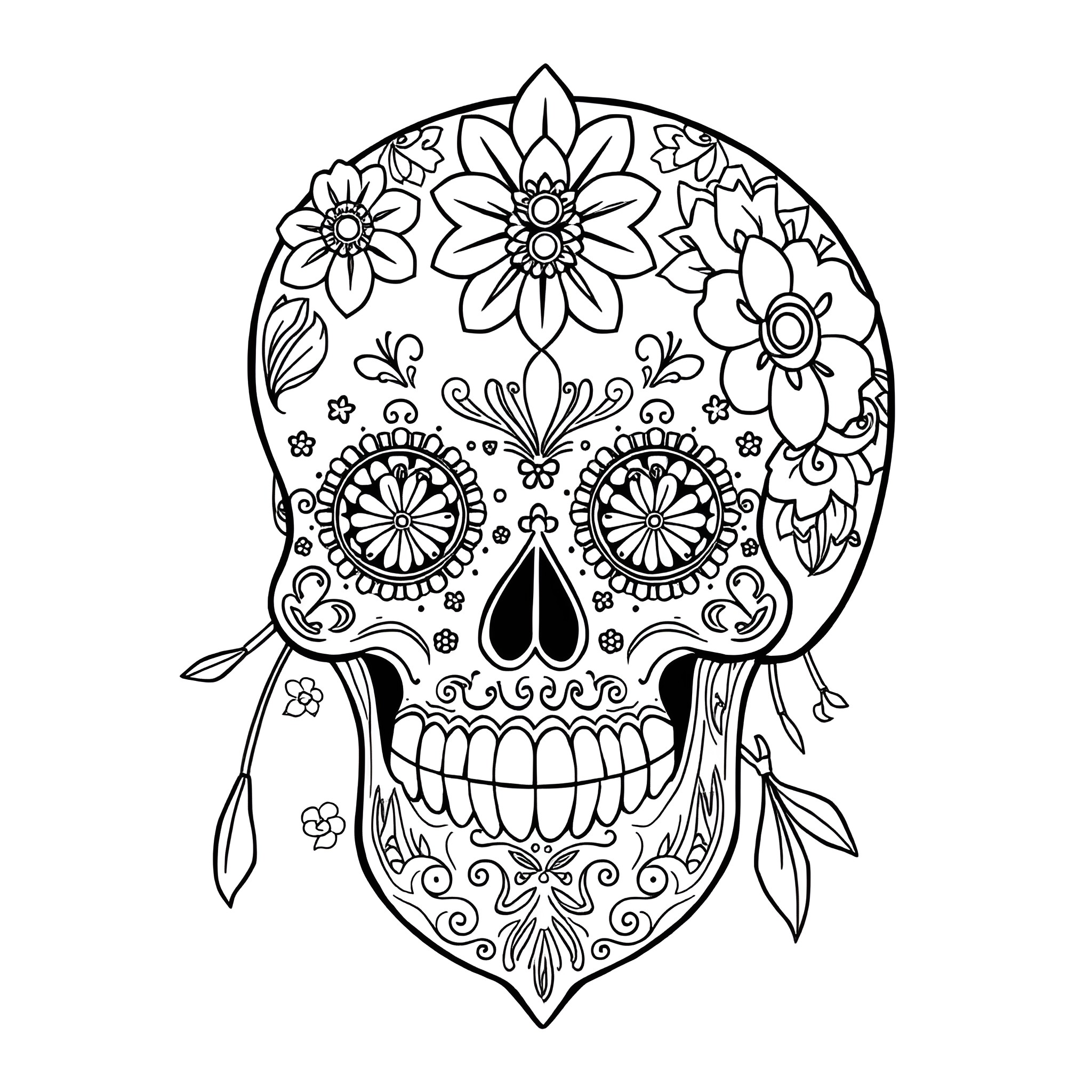 Sugar Skull with Floral Decorations Coloring Page (free black-and-white line drawing printable PDF for all, from beginners to advanced learners, including children, teens, adults, and seniors)