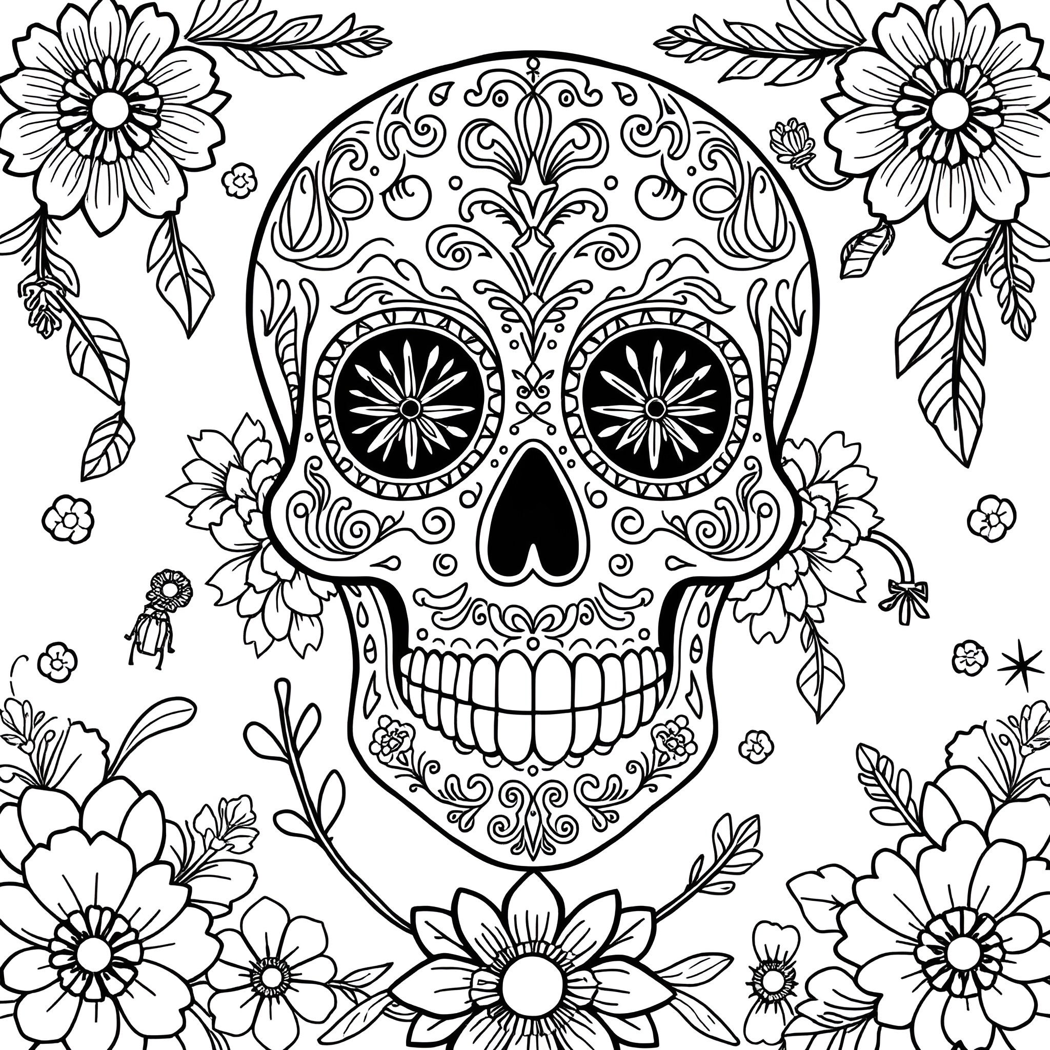 Sugar Skull with Floral Ornaments and Patterns Coloring Page (free black-and-white line drawing printable PDF for all, from beginners to advanced learners, including children, teens, adults, and seniors)