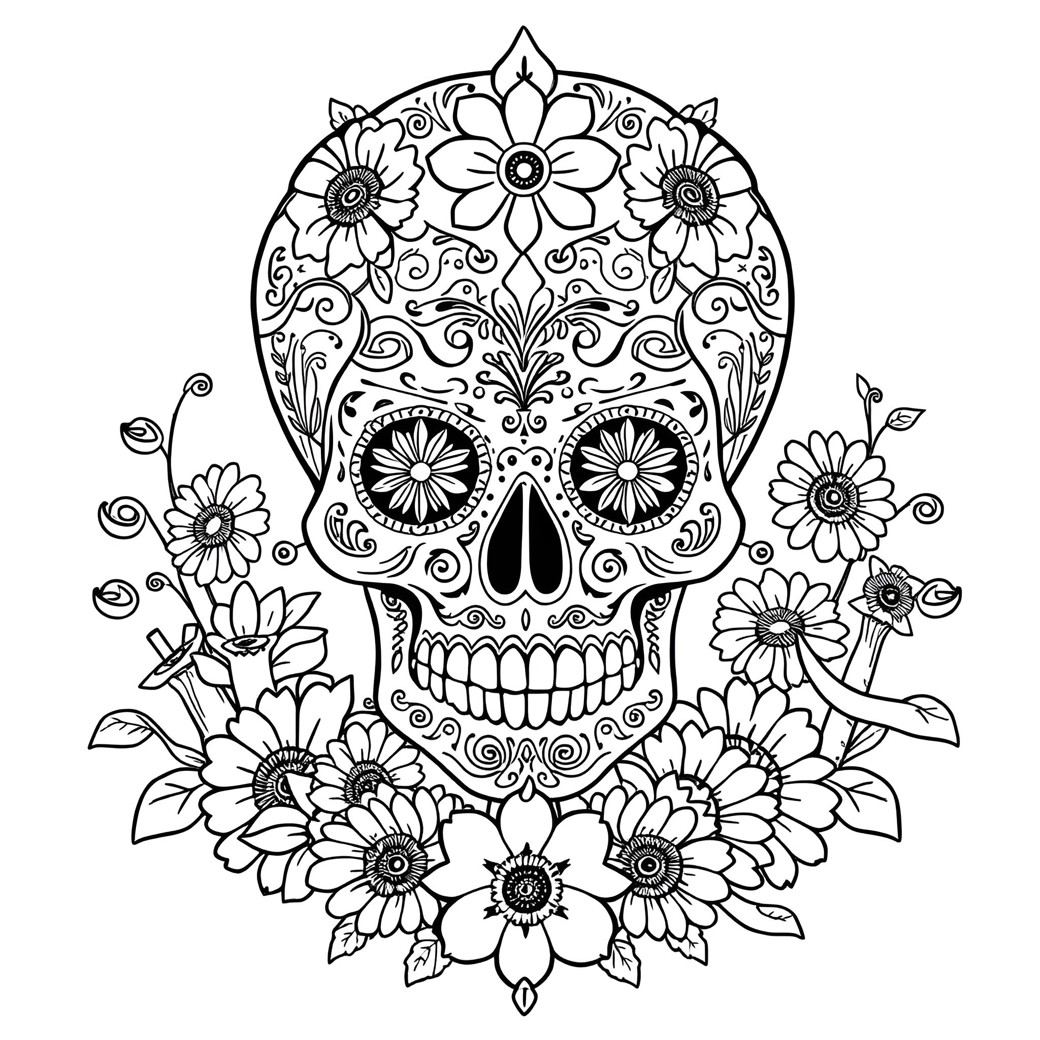 Sugar Skull with Intricate Floral Patterns Coloring Page (free black-and-white line drawing printable PDF for all, from beginners to advanced learners, including children, teens, adults, and seniors)