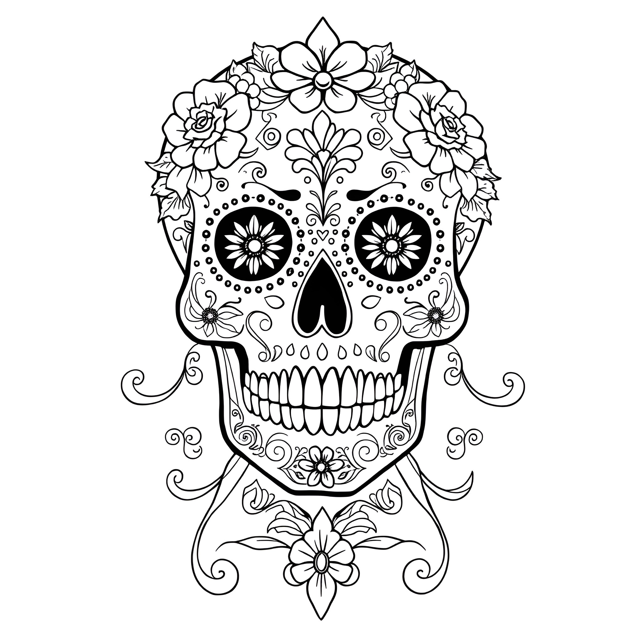 Sugar Skull with Floral Designs and Elaborate Patterns Coloring Page (free black-and-white line drawing printable PDF for all, from beginners to advanced learners, including children, teens, adults, and seniors)