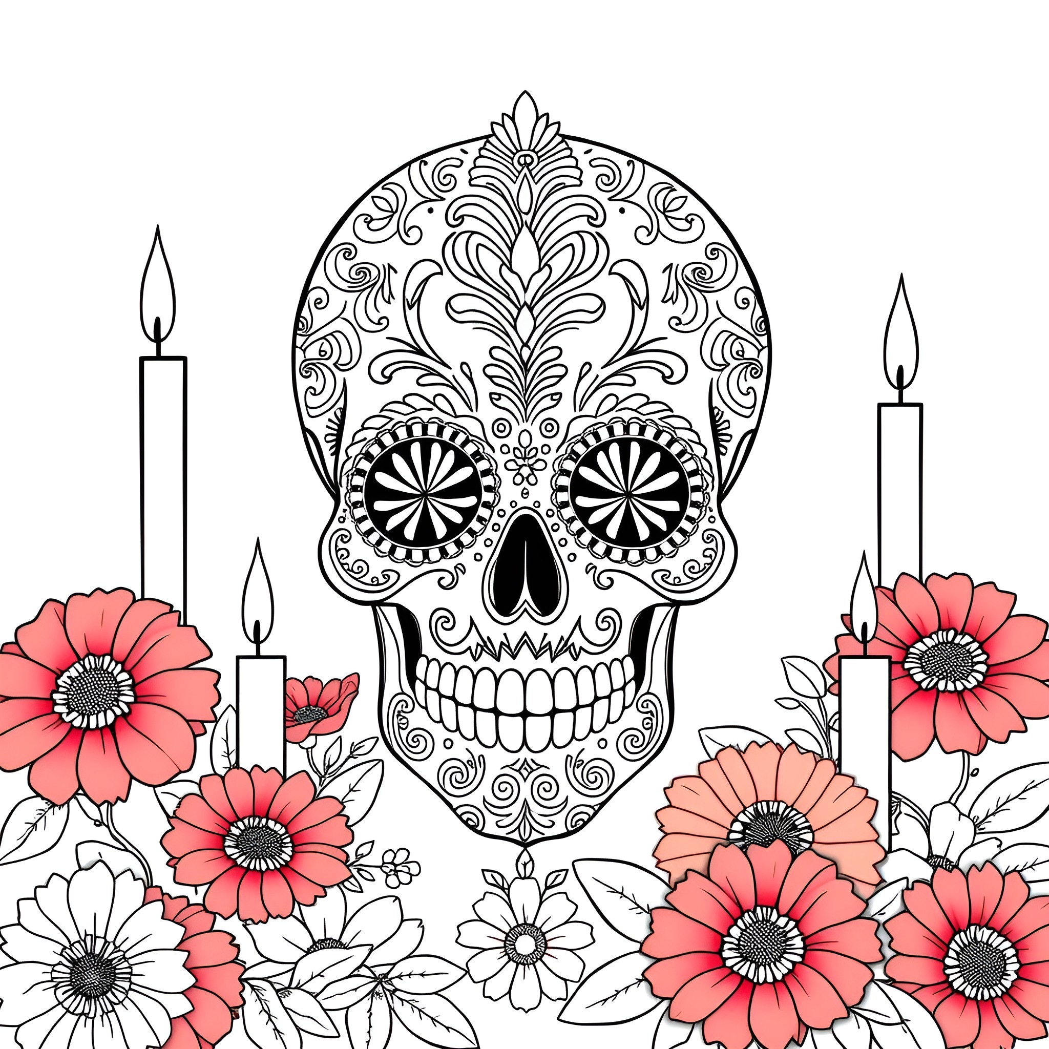 Sugar Skull with Floral Decor and Candles Coloring Page (free black-and-white line drawing printable PDF for all, from beginners to advanced learners, including children, teens, adults, and seniors)