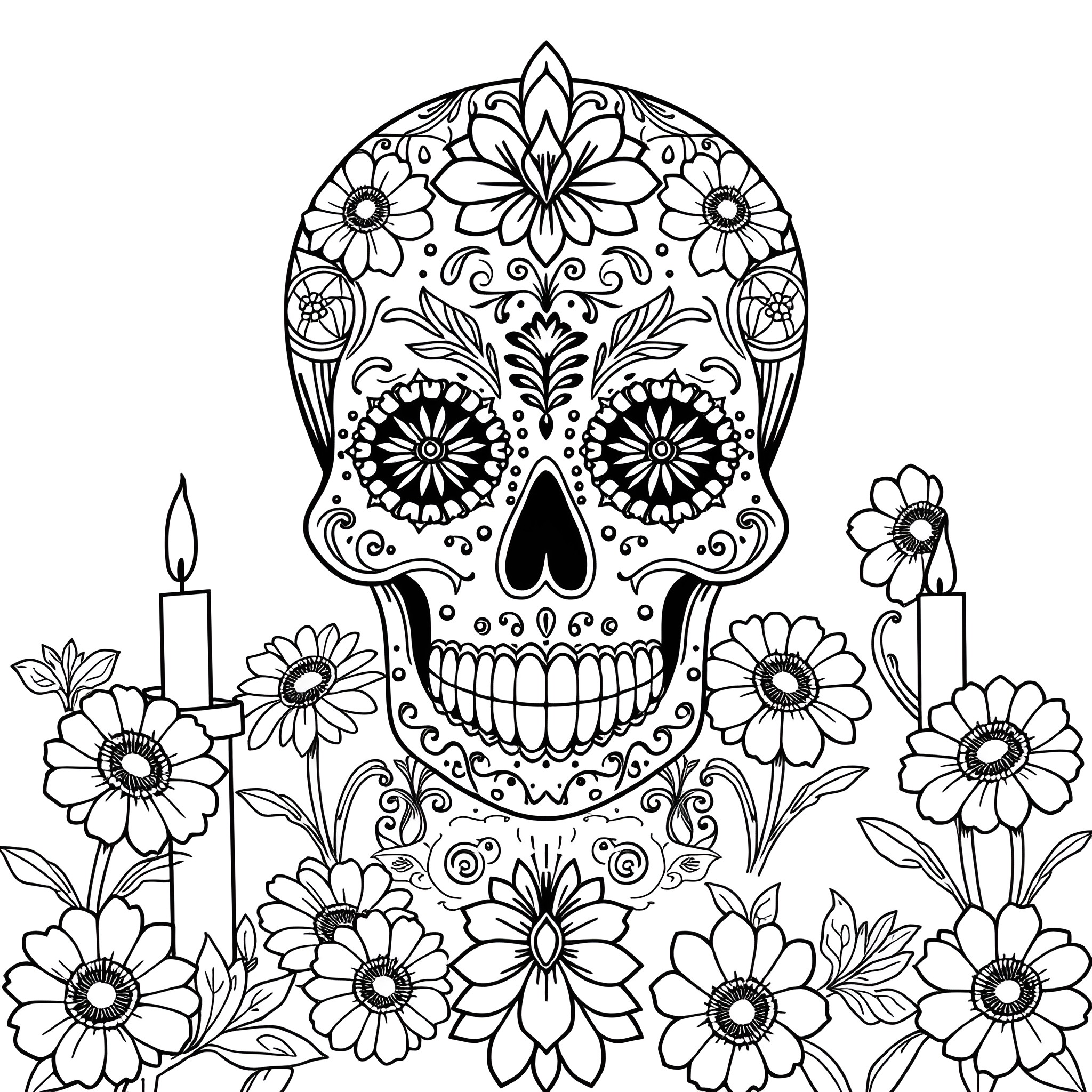 Sugar Skull with Ornate Floral Design Coloring Page (free black-and-white line drawing printable PDF for all, from beginners to advanced learners, including children, teens, adults, and seniors)