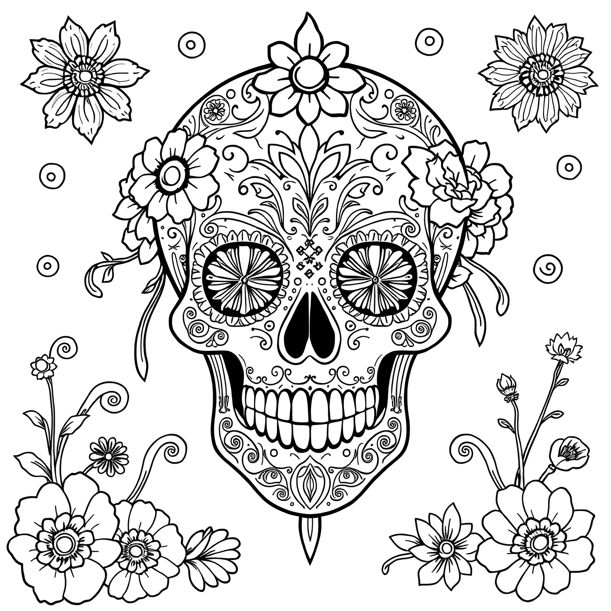 Sugar Skull with Ornate Floral Designs Coloring Page (free black-and-white line drawing printable PDF for all, from beginners to advanced learners, including children, teens, adults, and seniors)