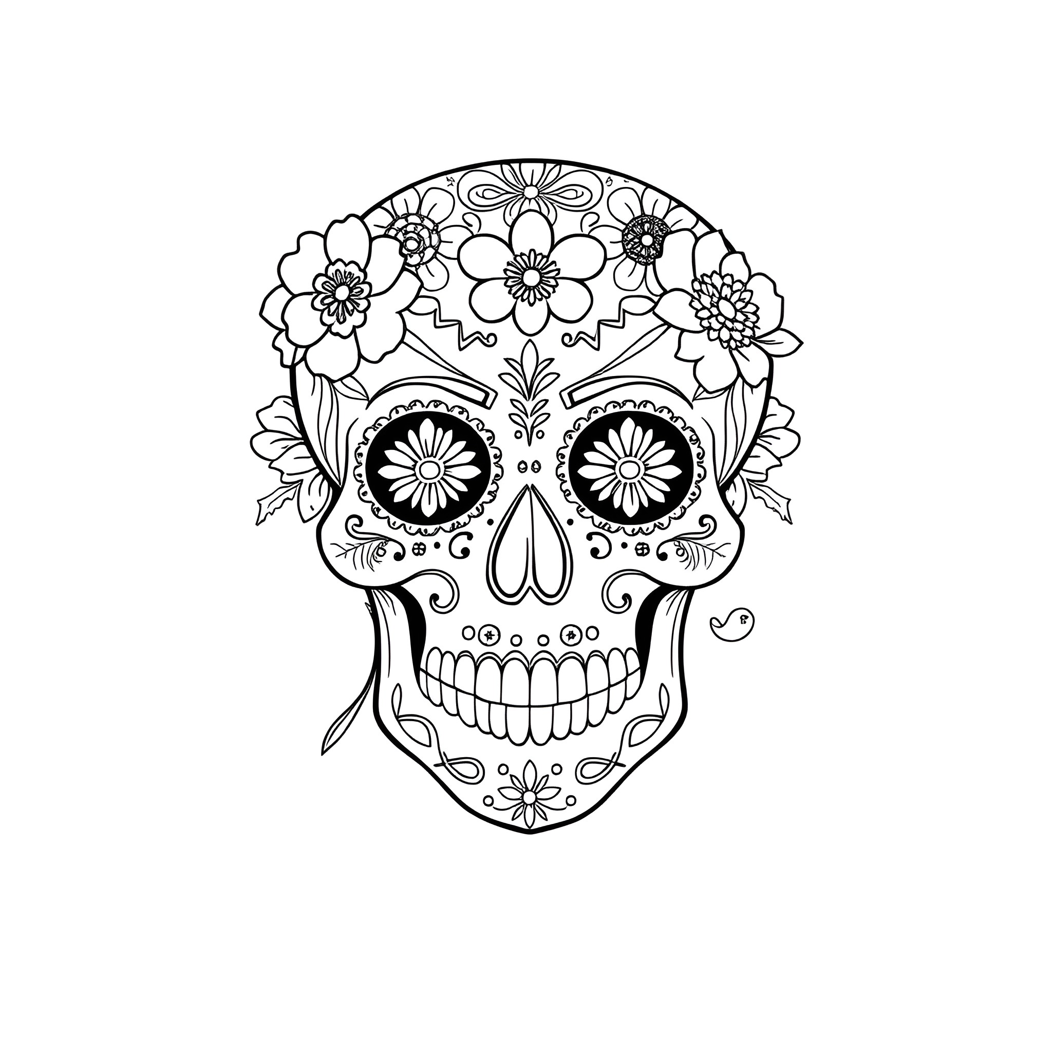 Sugar Skull with Floral Adornments Coloring Page (free black-and-white line drawing printable PDF for all, from beginners to advanced learners, including children, teens, adults, and seniors)
