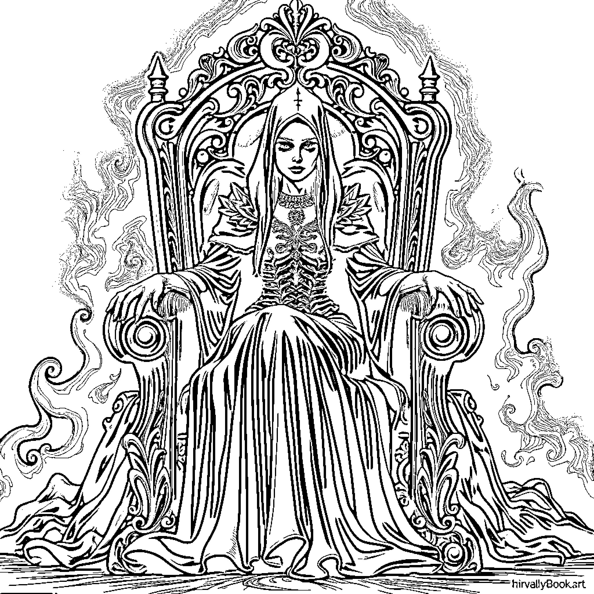 Lady Death Enthroned in Ornate Gothic Frame Coloring Page (free black-and-white line drawing printable PDF for all, from beginners to advanced learners, including children, teens, adults, and seniors)
