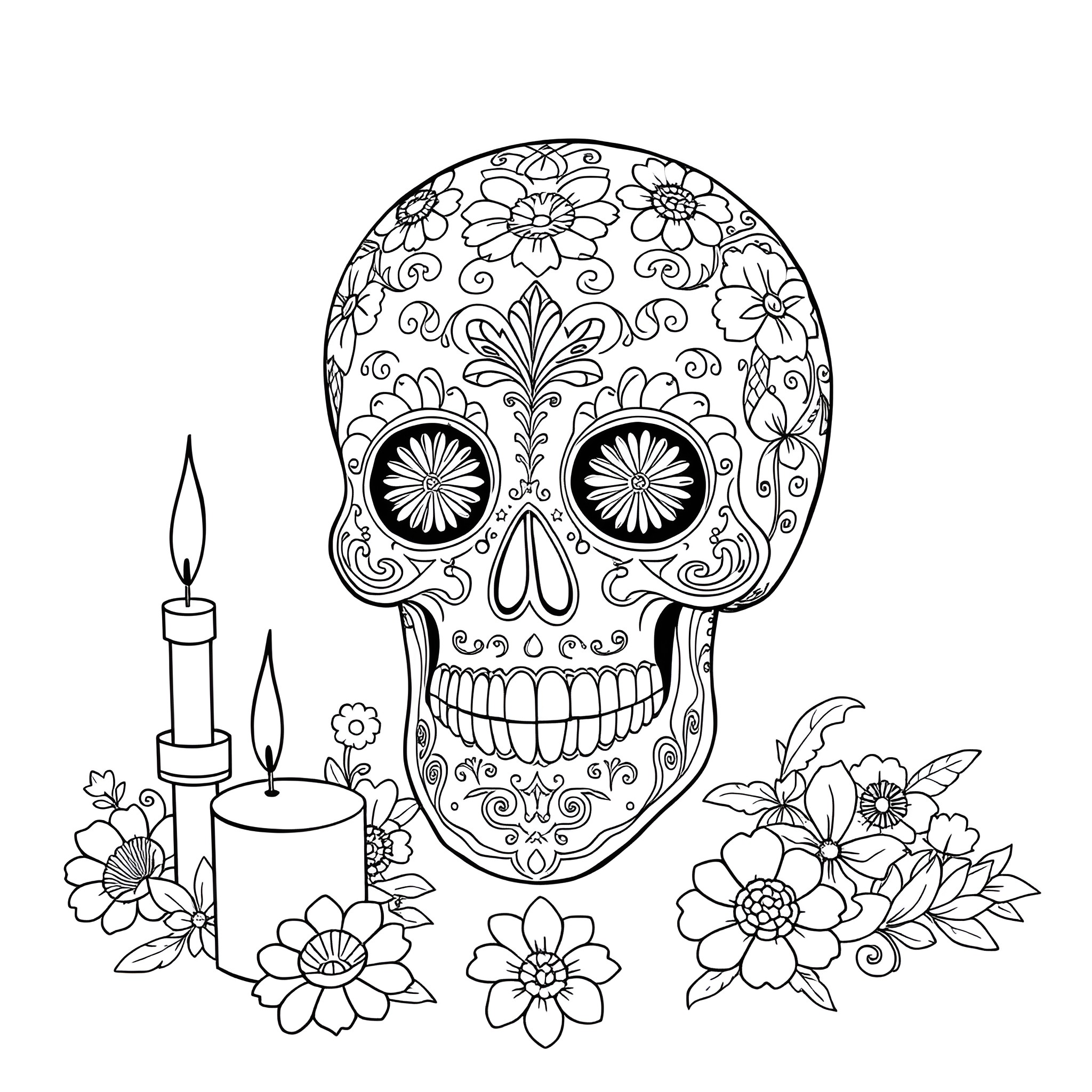Sugar Skull with Floral Decorations and Candles Coloring Page (free black-and-white line drawing printable PDF for all, from beginners to advanced learners, including children, teens, adults, and seniors)