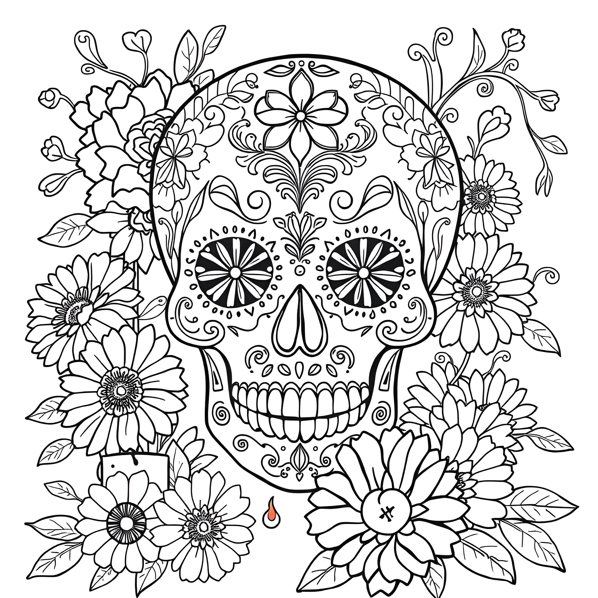 Sugar Skull with Ornate Floral Details Coloring Page (free black-and-white line drawing printable PDF for all, from beginners to advanced learners, including children, teens, adults, and seniors)