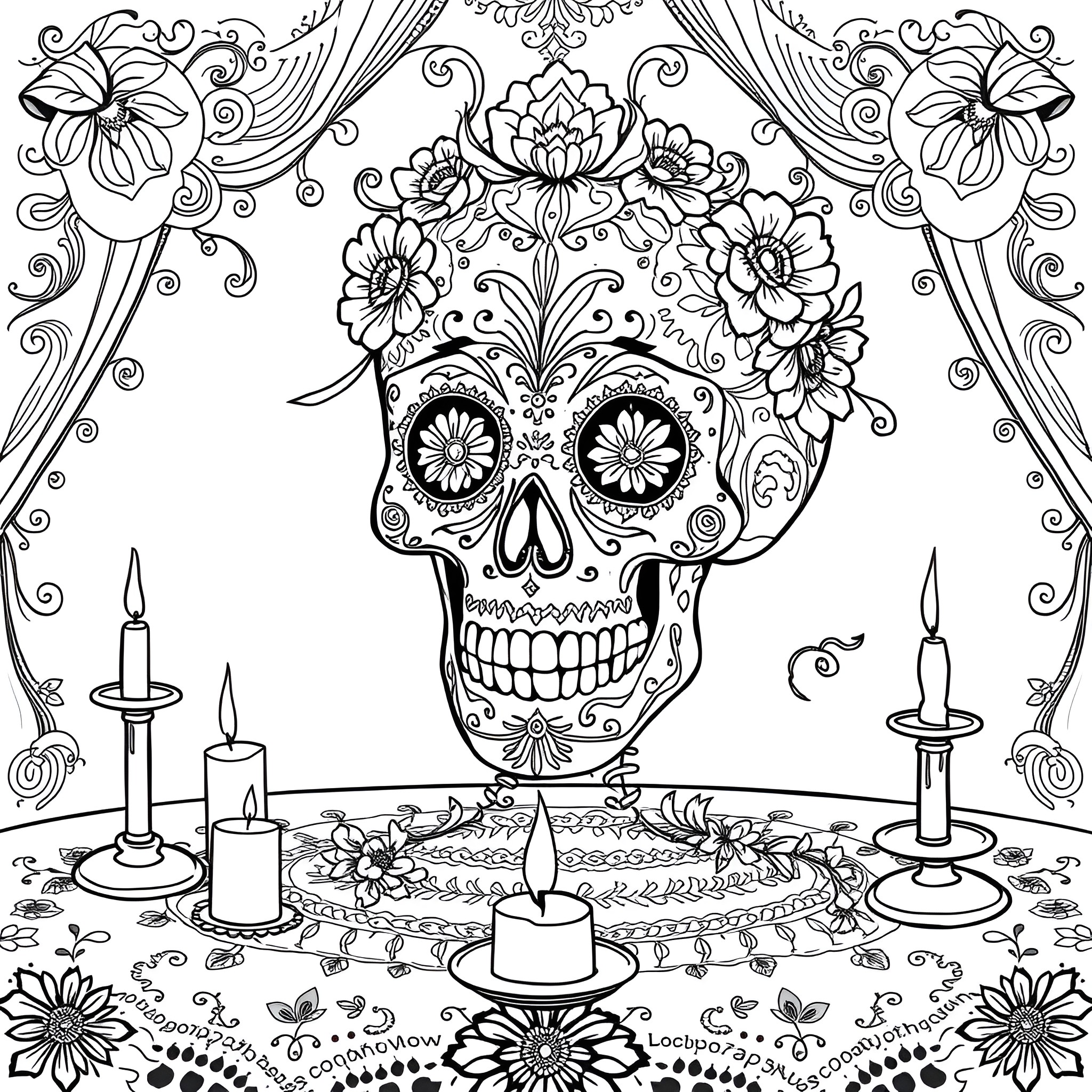 Sugar Skull with Ornate Floral Elements and Candles Coloring Page (free black-and-white line drawing printable PDF for all, from beginners to advanced learners, including children, teens, adults, and seniors)