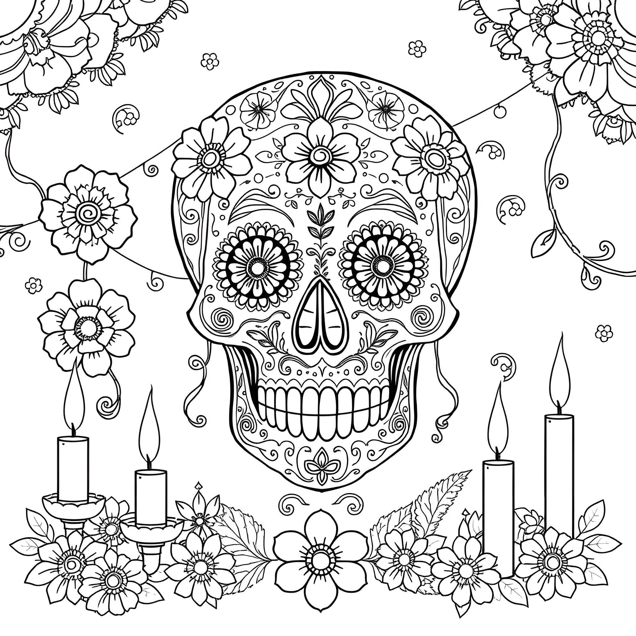 Sugar Skull with Intricate Floral Designs Coloring Page (free black-and-white line drawing printable PDF for all, from beginners to advanced learners, including children, teens, adults, and seniors)