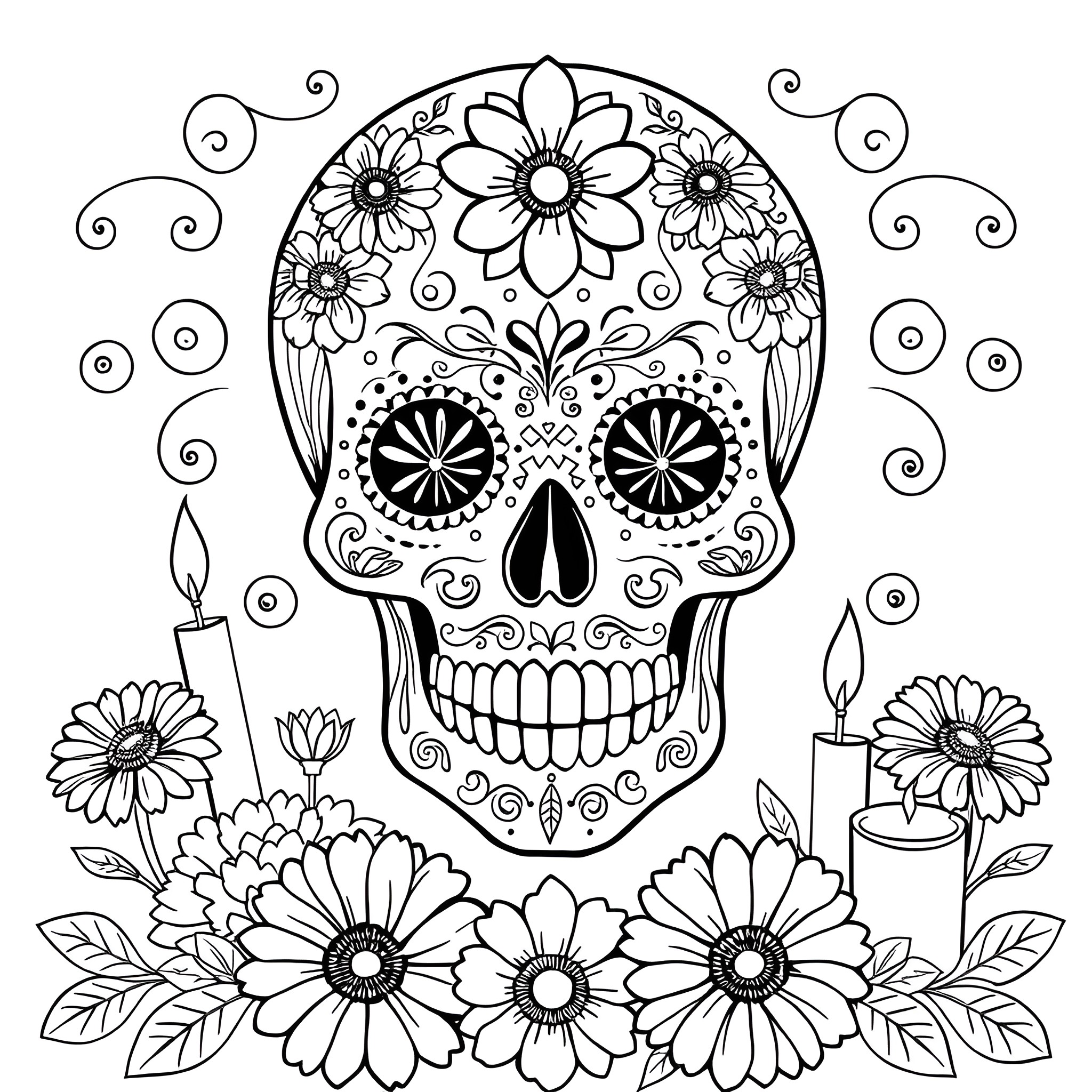 Sugar Skull with Floral Accents and Candles Coloring Page (free black-and-white line drawing printable PDF for all, from beginners to advanced learners, including children, teens, adults, and seniors)