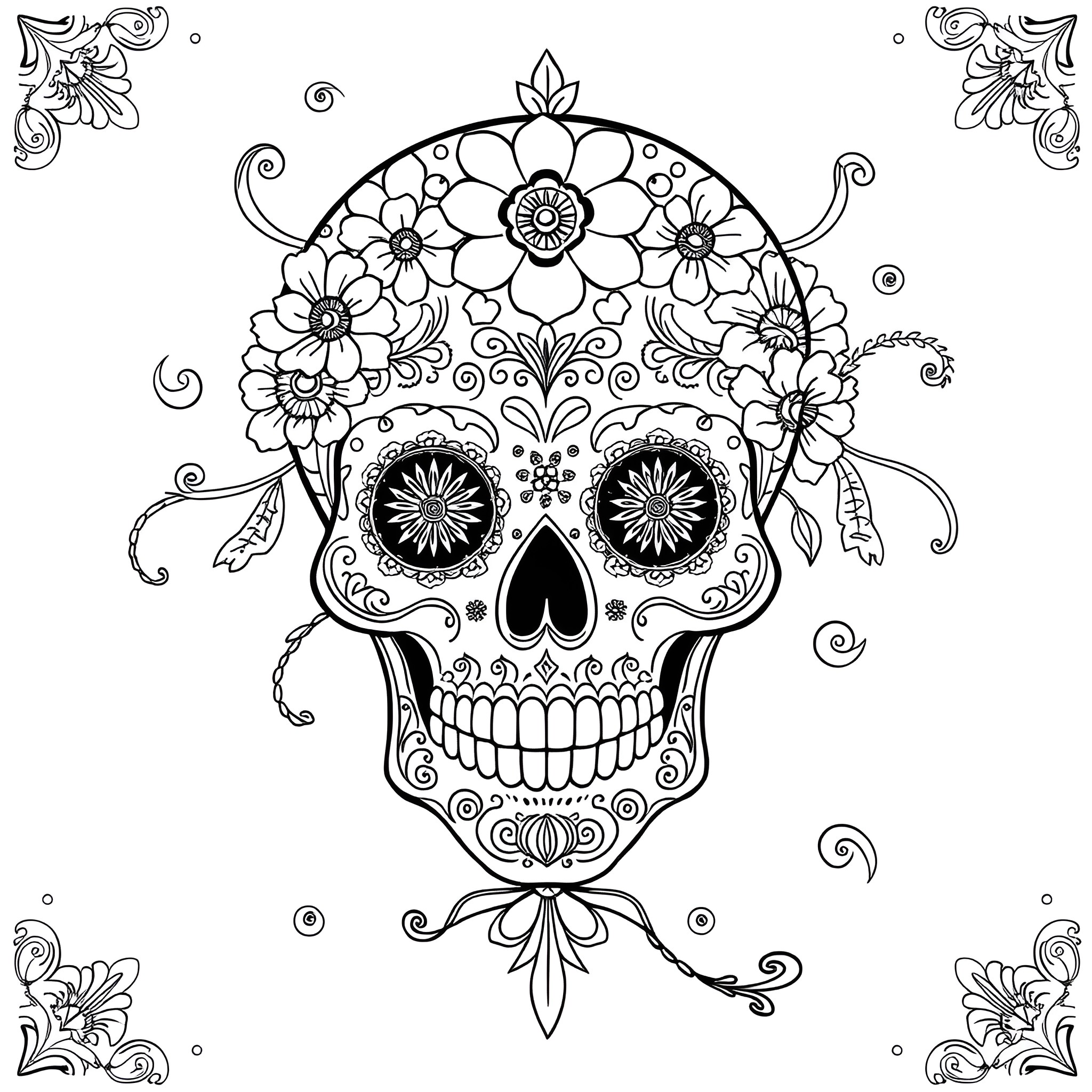 Sugar Skull with Intricate Floral Patterns Coloring Page (free black-and-white line drawing printable PDF for all, from beginners to advanced learners, including children, teens, adults, and seniors)