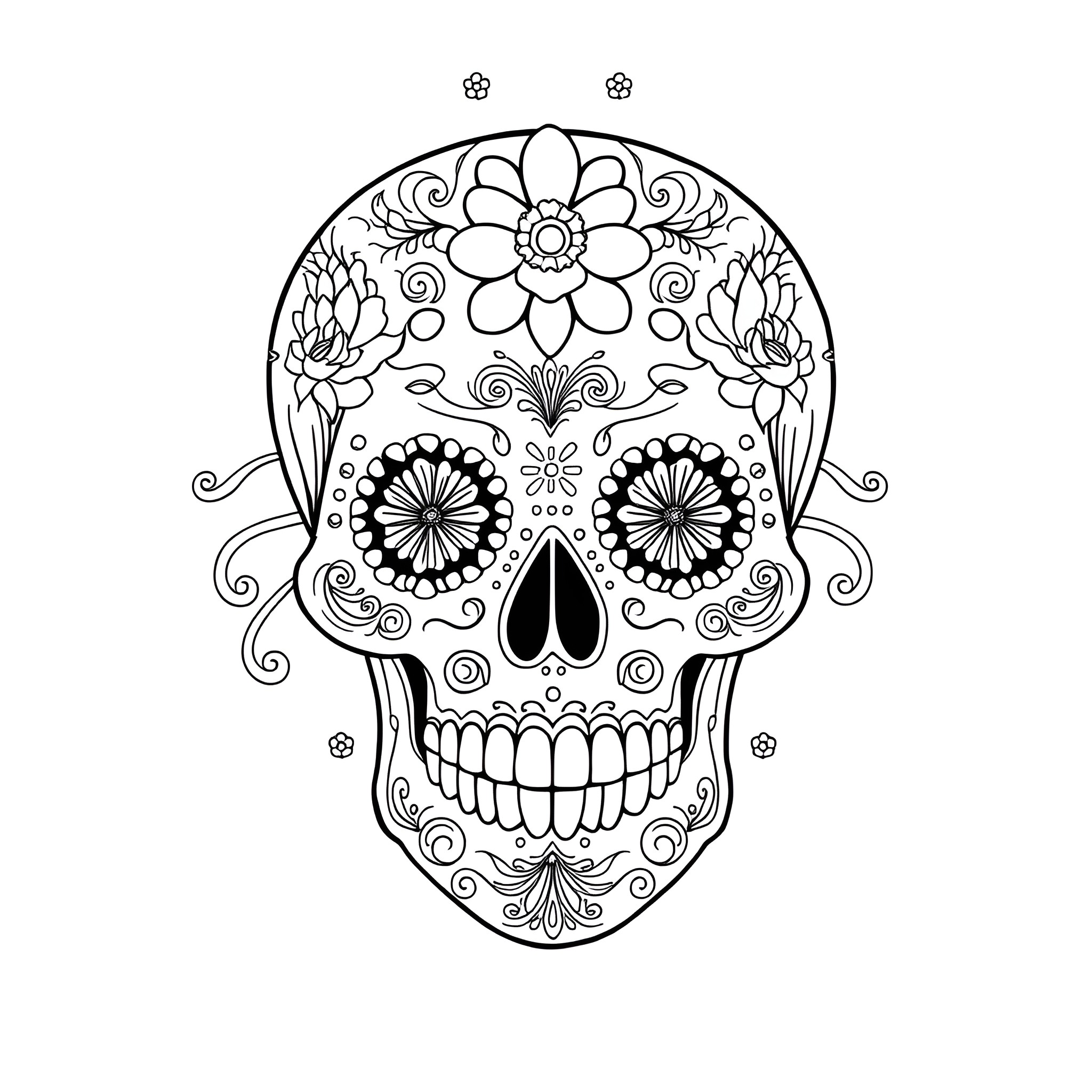 Sugar Skull with Floral Embellishments Coloring Page (free black-and-white line drawing printable PDF for all, from beginners to advanced learners, including children, teens, adults, and seniors)