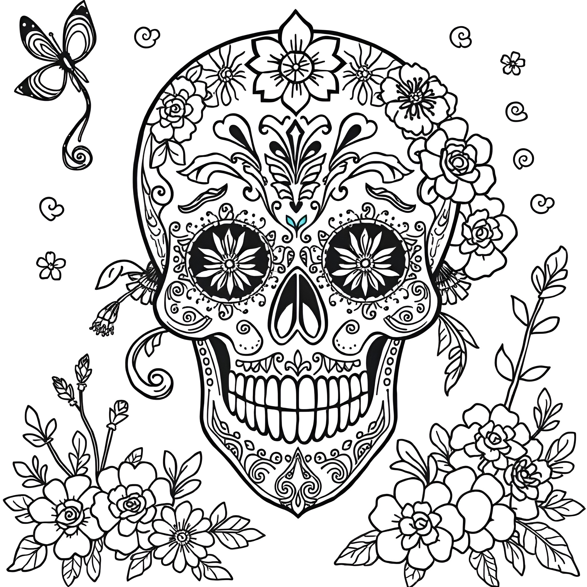 Sugar Skull Adorned with Floral Elements Coloring Page (free black-and-white line drawing printable PDF for all, from beginners to advanced learners, including children, teens, adults, and seniors)