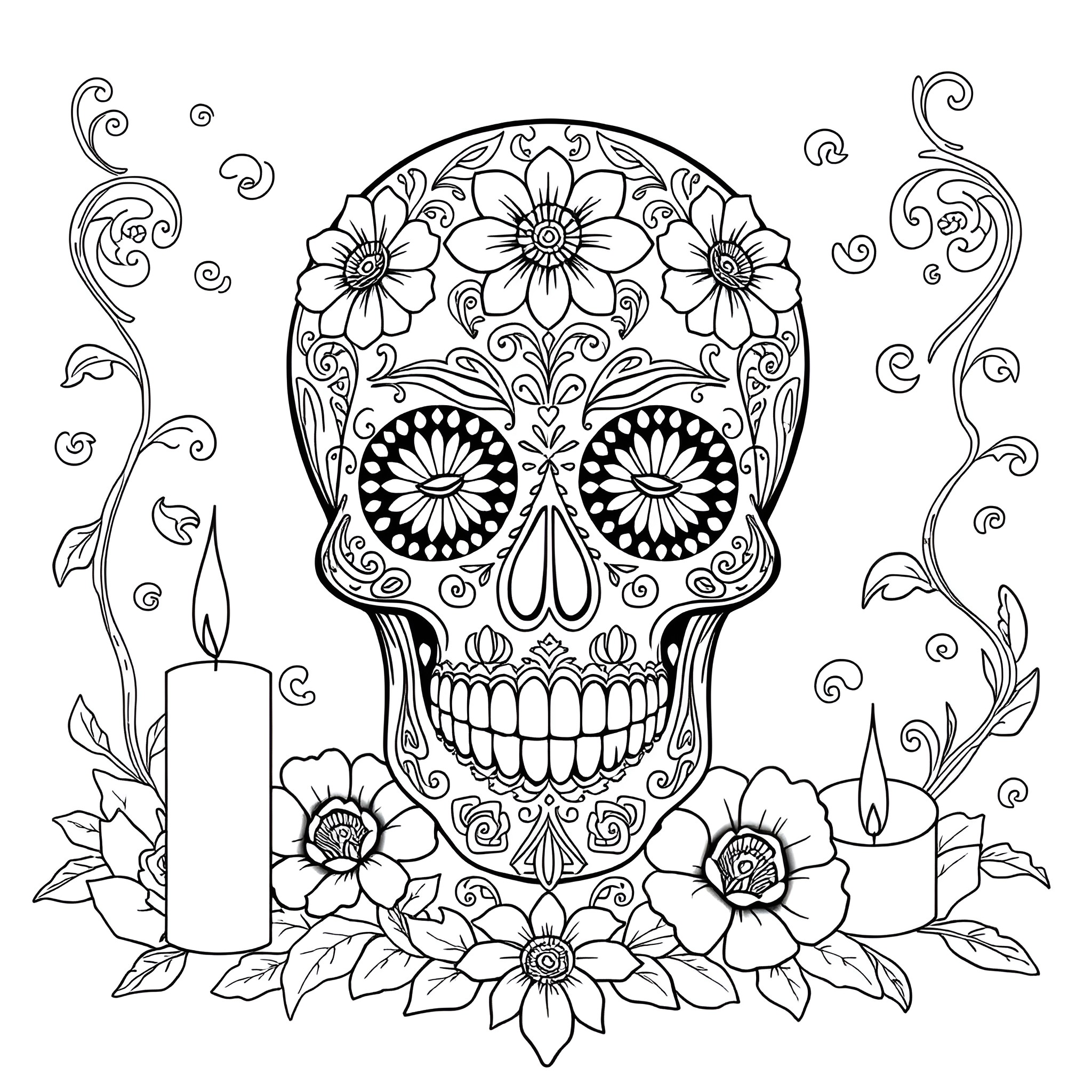 Sugar Skull with Intricate Floral Designs Coloring Page (free black-and-white line drawing printable PDF for all, from beginners to advanced learners, including children, teens, adults, and seniors)