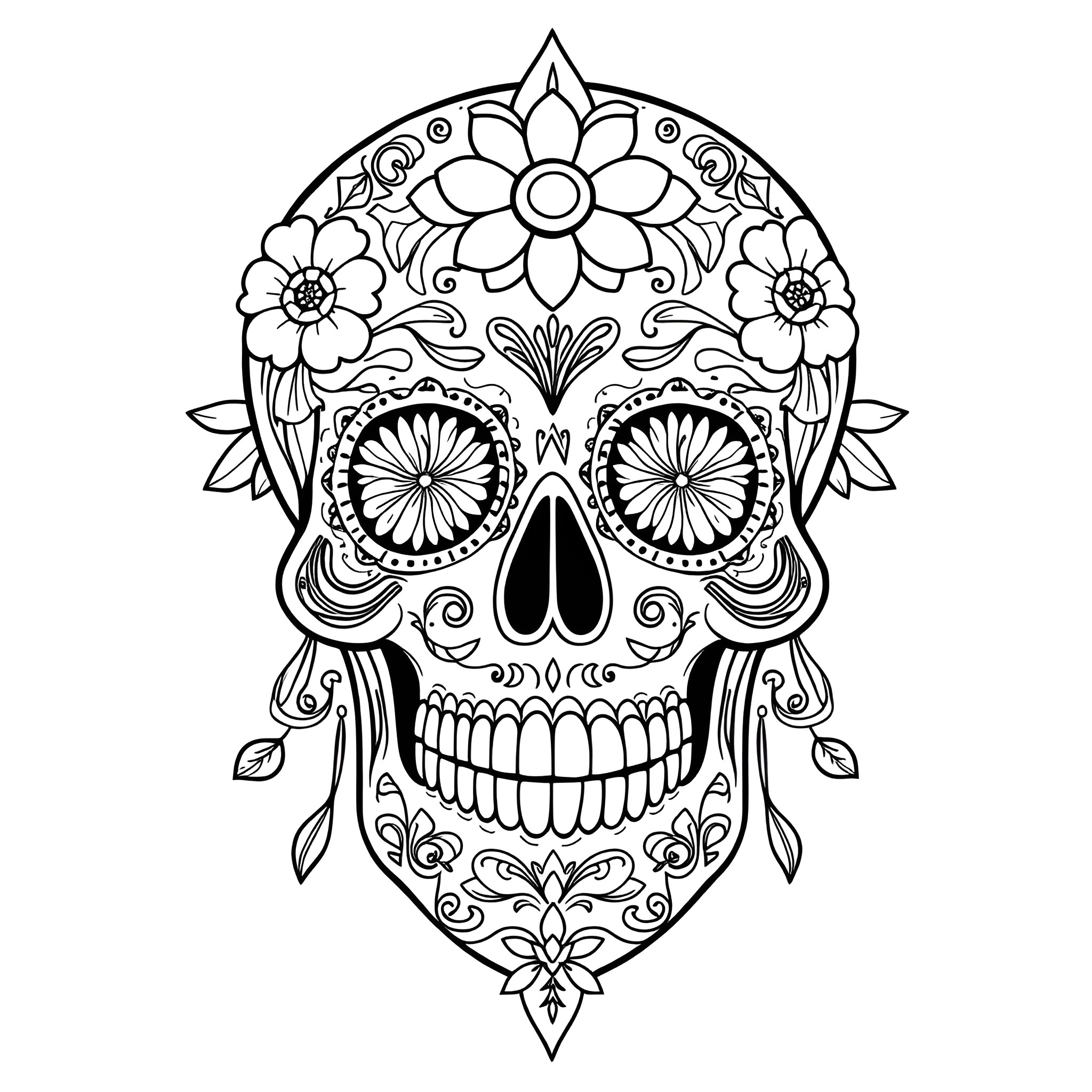 Sugar Skull with Floral Patterns and Ornaments Coloring Page (free black-and-white line drawing printable PDF for all, from beginners to advanced learners, including children, teens, adults, and seniors)