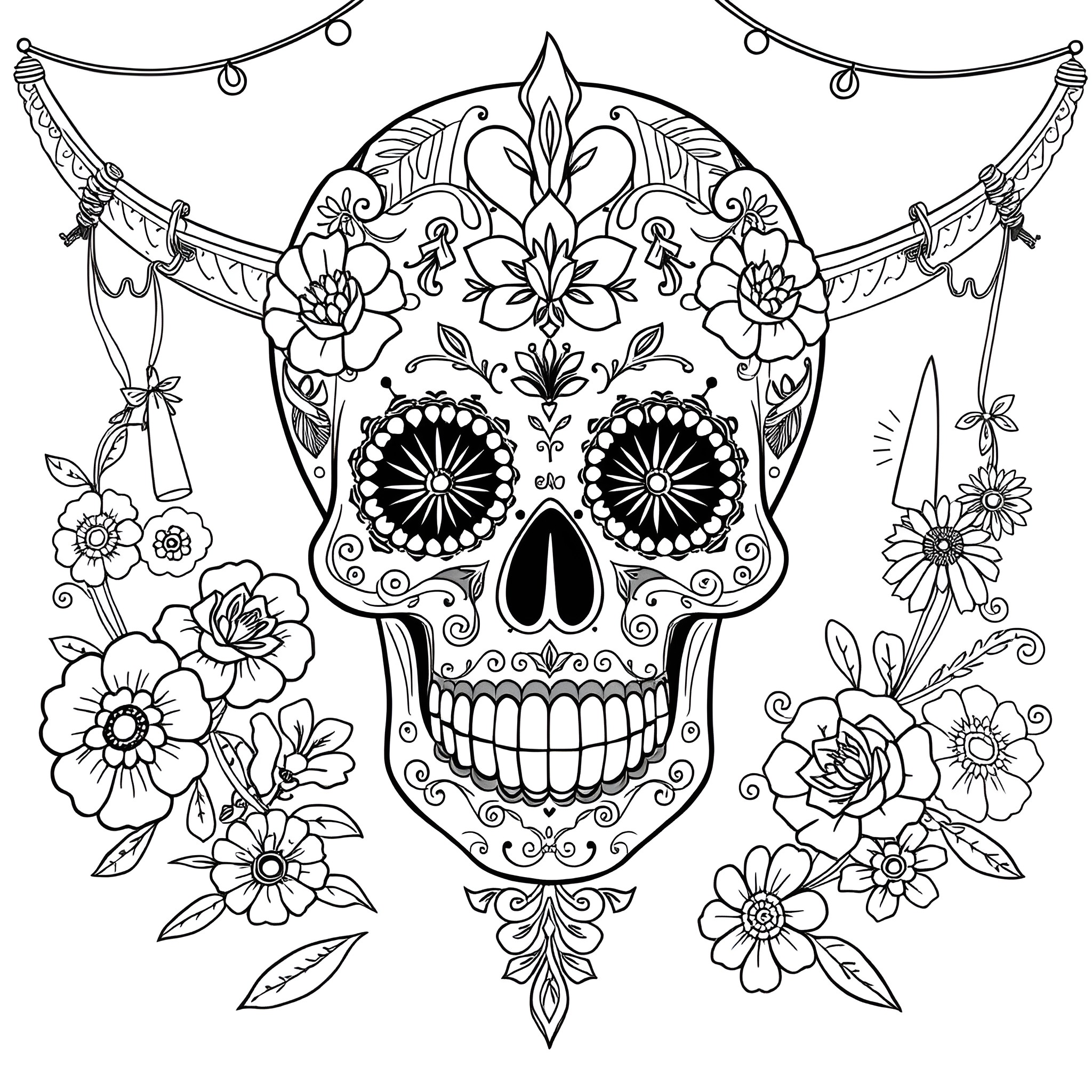 Sugar Skull with Intricate Floral Patterns Coloring Page (free black-and-white line drawing printable PDF for all, from beginners to advanced learners, including children, teens, adults, and seniors)