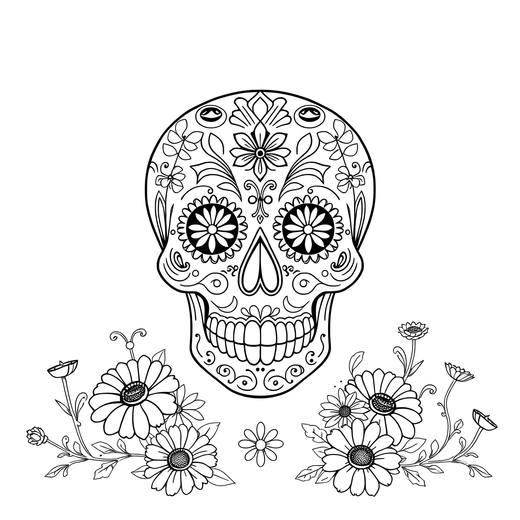 Sugar Skull Adorned with Flowers and Decorative Elements Coloring Page (free black-and-white line drawing printable PDF for all, from beginners to advanced learners, including children, teens, adults, and seniors)